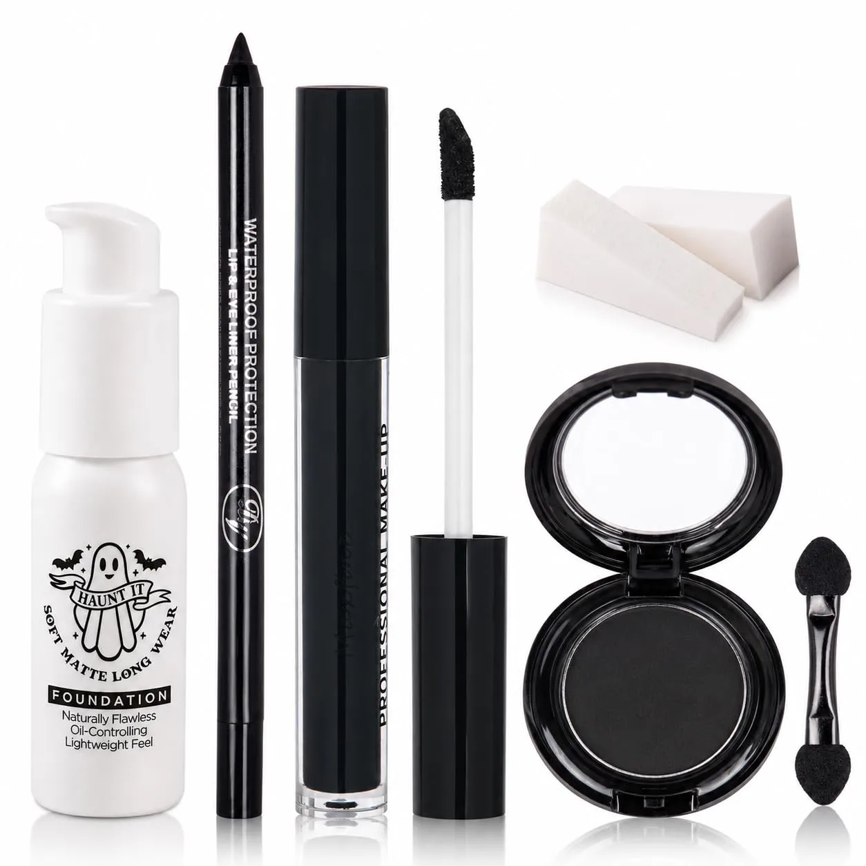 Goth Makeup Kit, 7Pcs Gothic Makeup Set with White Liquid Foundation, Black Liquid Lipstick,Black Eyeshadow, Eyeliner Pencil, Brush & 2 Sponges, Halloween Makeup Kit for Vampire Witch Emo Cosplay