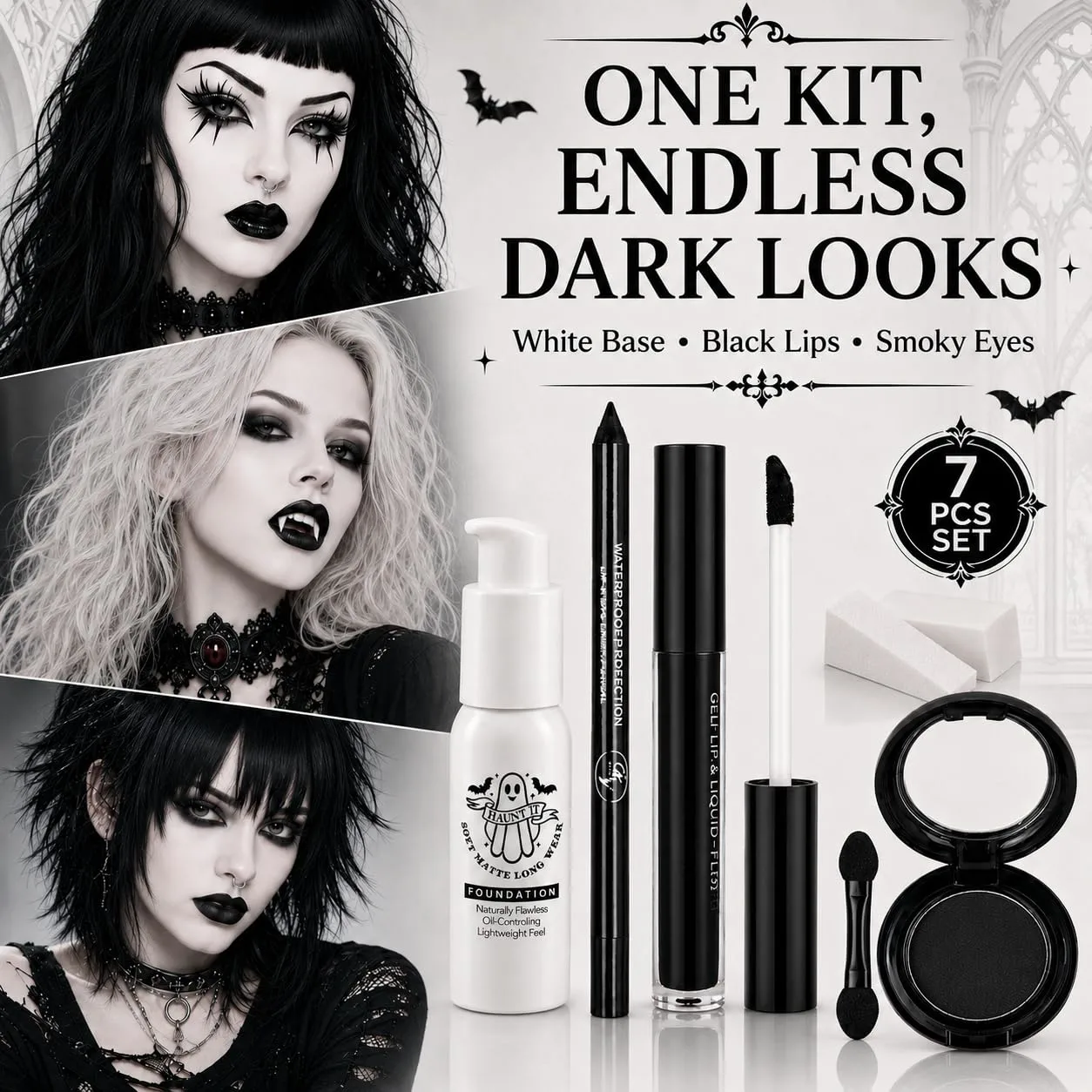 Goth Makeup Kit, 7Pcs Gothic Makeup Set with White Liquid Foundation, Black Liquid Lipstick,Black Eyeshadow, Eyeliner Pencil, Brush & 2 Sponges, Halloween Makeup Kit for Vampire Witch Emo Cosplay