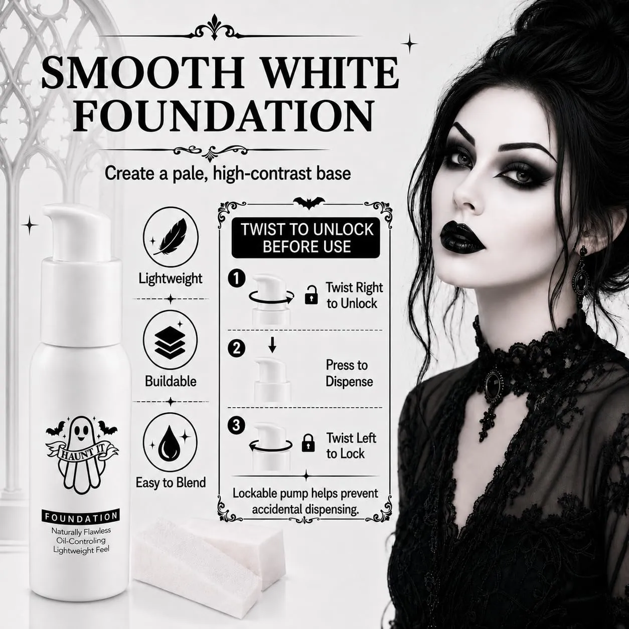 Goth Makeup Kit, 7Pcs Gothic Makeup Set with White Liquid Foundation, Black Liquid Lipstick,Black Eyeshadow, Eyeliner Pencil, Brush & 2 Sponges, Halloween Makeup Kit for Vampire Witch Emo Cosplay