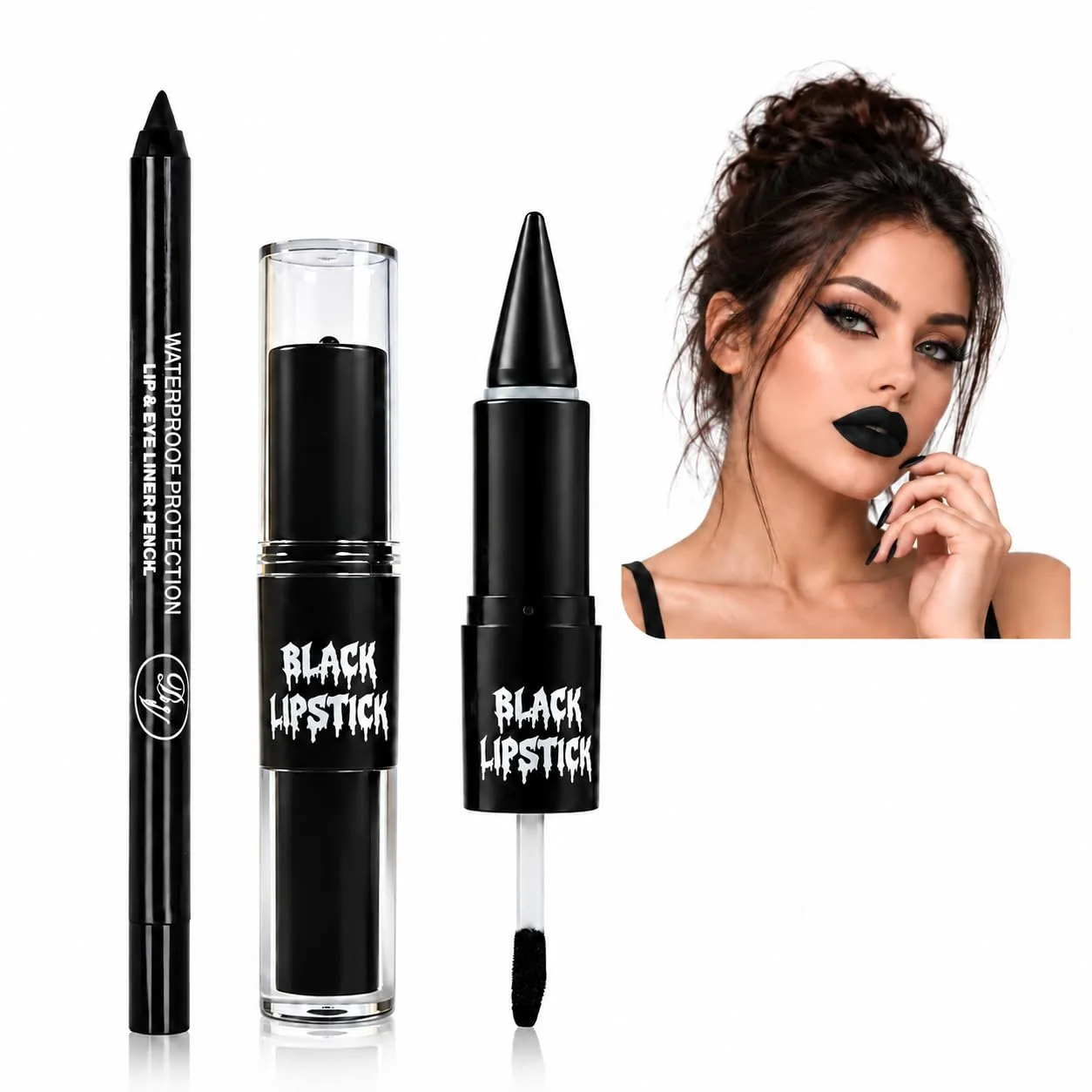 Black Liquid Lipstick & Lip Liner 2-in-1 with Eyeliner Pencil, Matte Long Lasting Smudge Proof Lip Makeup Set for Halloween Goth Witch Vampire Clown Cosplay