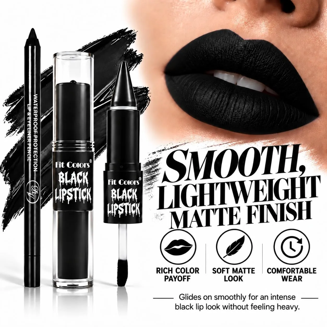 Black Liquid Lipstick & Lip Liner 2-in-1 with Eyeliner Pencil, Matte Long Lasting Smudge Proof Lip Makeup Set for Halloween Goth Witch Vampire Clown Cosplay