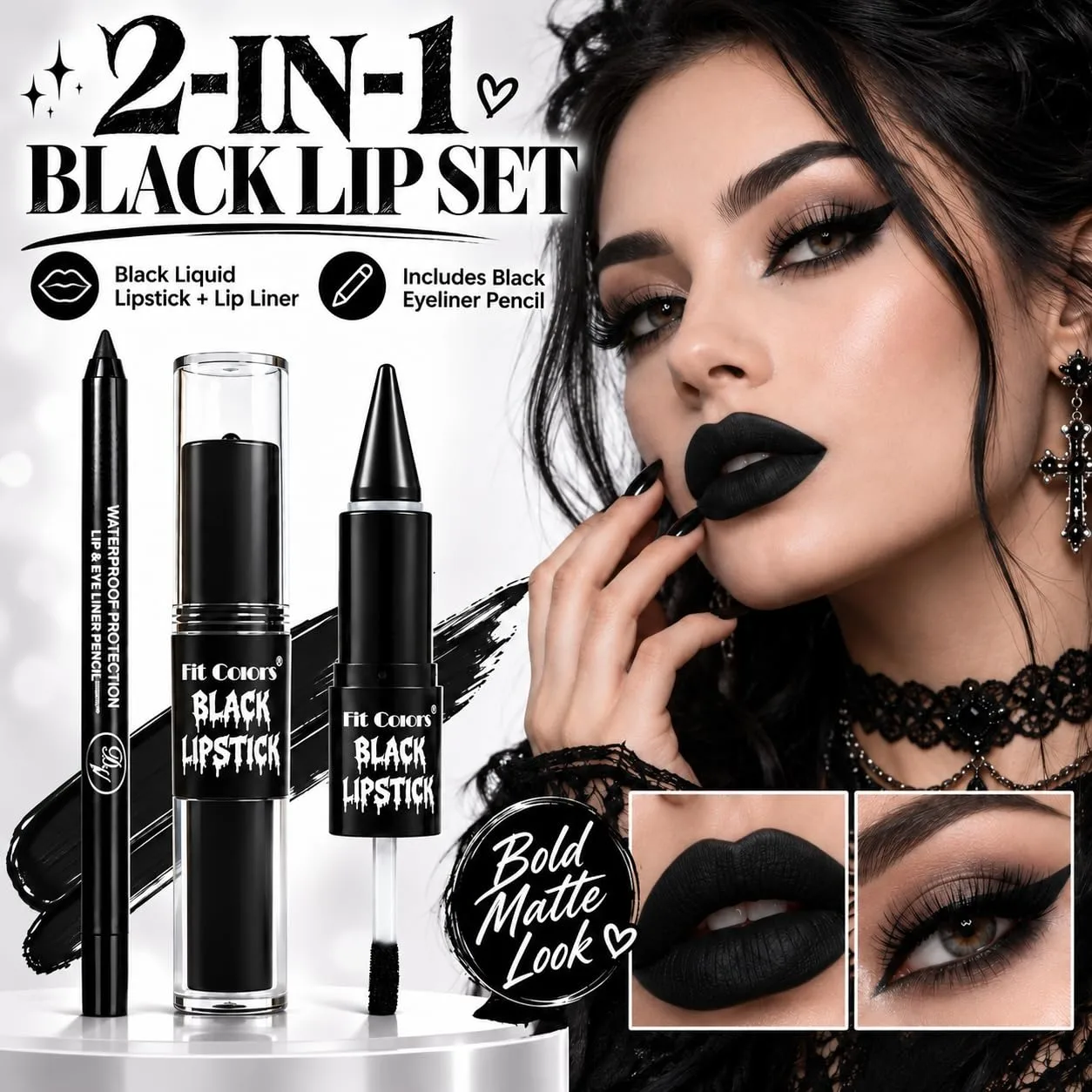Black Liquid Lipstick & Lip Liner 2-in-1 with Eyeliner Pencil, Matte Long Lasting Smudge Proof Lip Makeup Set for Halloween Goth Witch Vampire Clown Cosplay