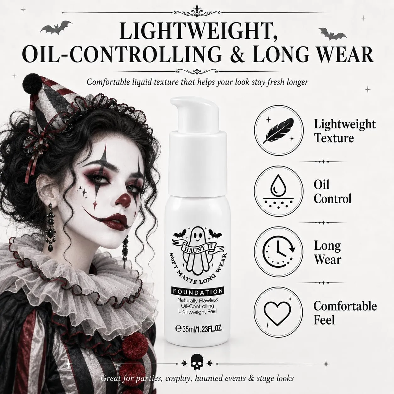 White Foundation Makeup, White Face Paint Liquid Foundation for Halloween, Full Coverage Soft Matte Long Wear Oil Control Pale Base for Goth Clown Vampire Ghost Skeleton Cosplay Costume, 1.23 Fl Oz