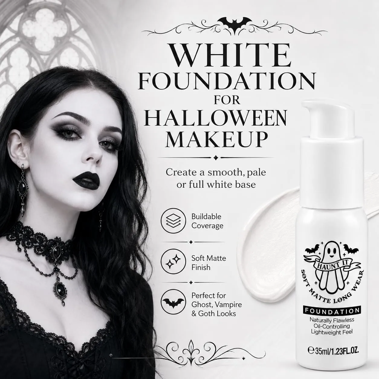 White Foundation Makeup, White Face Paint Liquid Foundation for Halloween, Full Coverage Soft Matte Long Wear Oil Control Pale Base for Goth Clown Vampire Ghost Skeleton Cosplay Costume, 1.23 Fl Oz