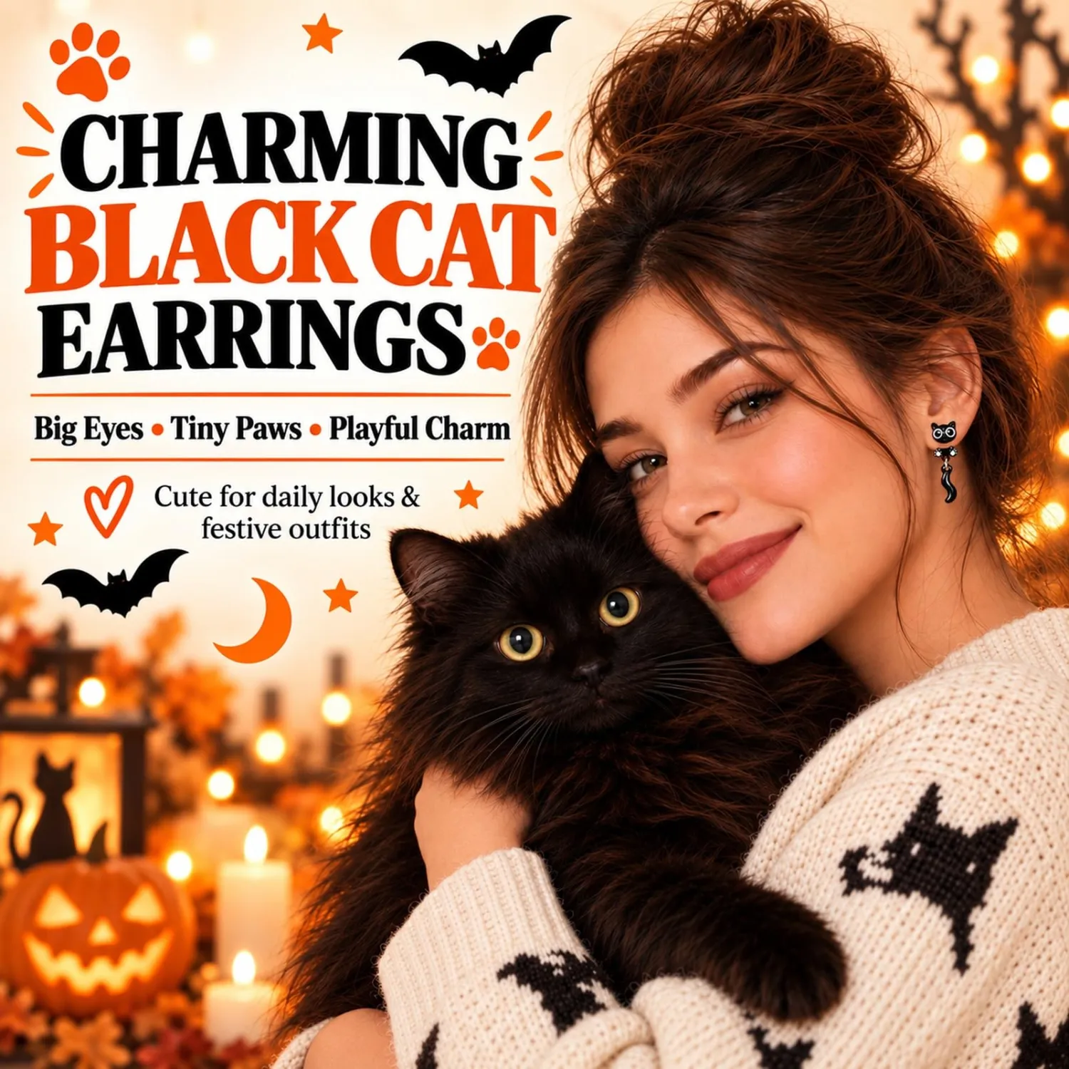 Black Cat Earrings for Women, Cute Cat Paw Stud Earrings, Halloween Earrings, Gothic Spooky Jewelry for Party Cosplay, BlackCat Costume Accessories, Unique Holiday Gift for Women