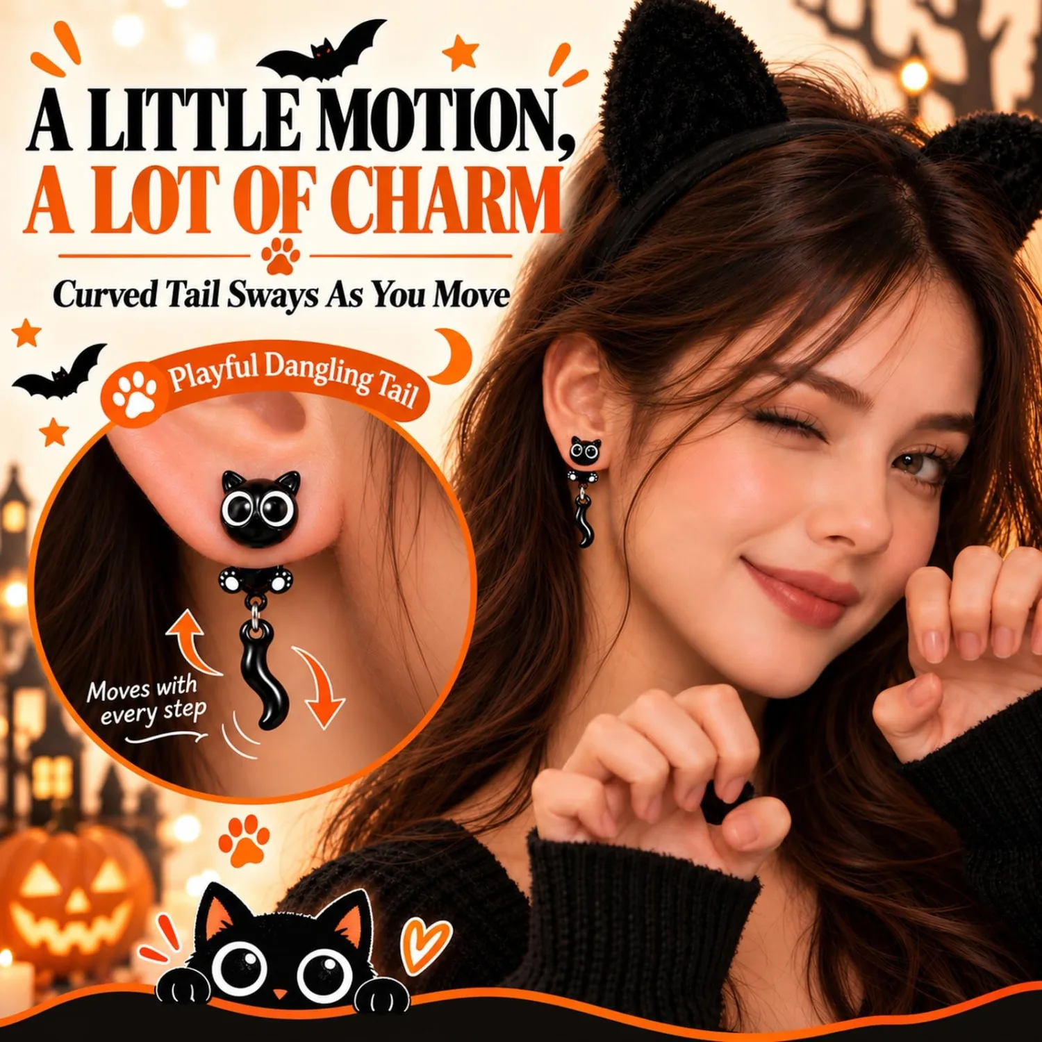 Black Cat Earrings for Women, Cute Cat Paw Stud Earrings, Halloween Earrings, Gothic Spooky Jewelry for Party Cosplay, BlackCat Costume Accessories, Unique Holiday Gift for Women