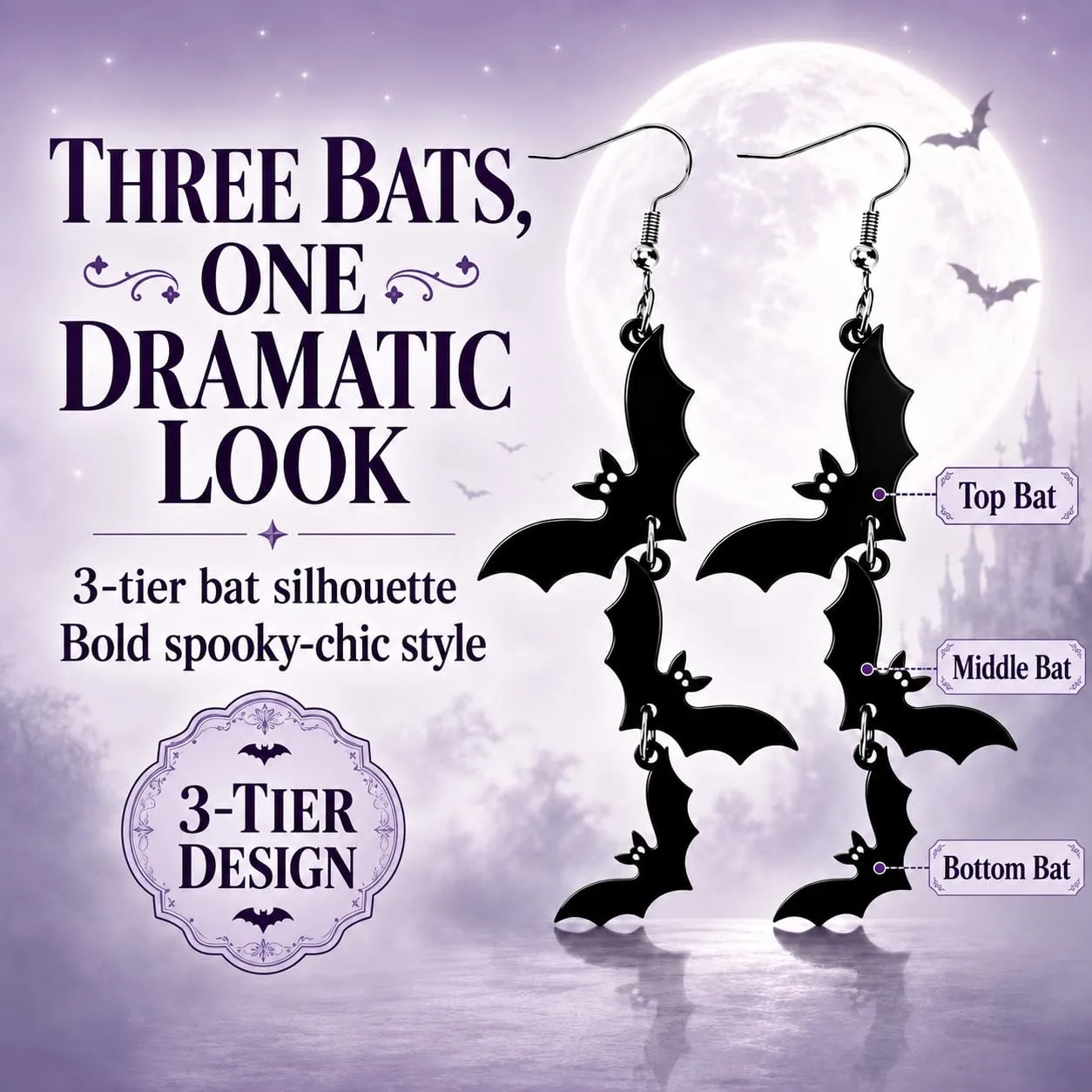 Halloween Bat Earrings for Women, Black Acrylic Bat Drop Dangle Earrings, Spooky Gothic Witchy Costume Jewelry, Punk Goth Holiday Accessories for Halloween Parties and Vampire Looks
