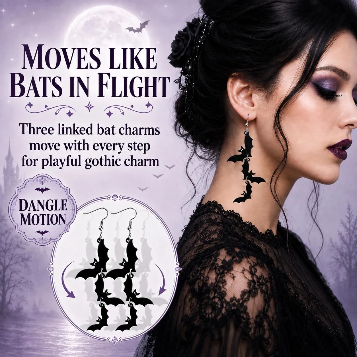 Halloween Bat Earrings for Women, Black Acrylic Bat Drop Dangle Earrings, Spooky Gothic Witchy Costume Jewelry, Punk Goth Holiday Accessories for Halloween Parties and Vampire Looks