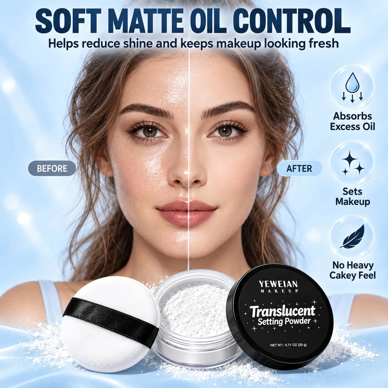 Translucent Loose Setting Powder, Talc-Free Soft Matte Face Powder for Oil Control, Lightweight Long-Lasting White Setting Powder for Everyday Makeup, Halloween SFX Face Paint & Body Paint, 0.71 oz