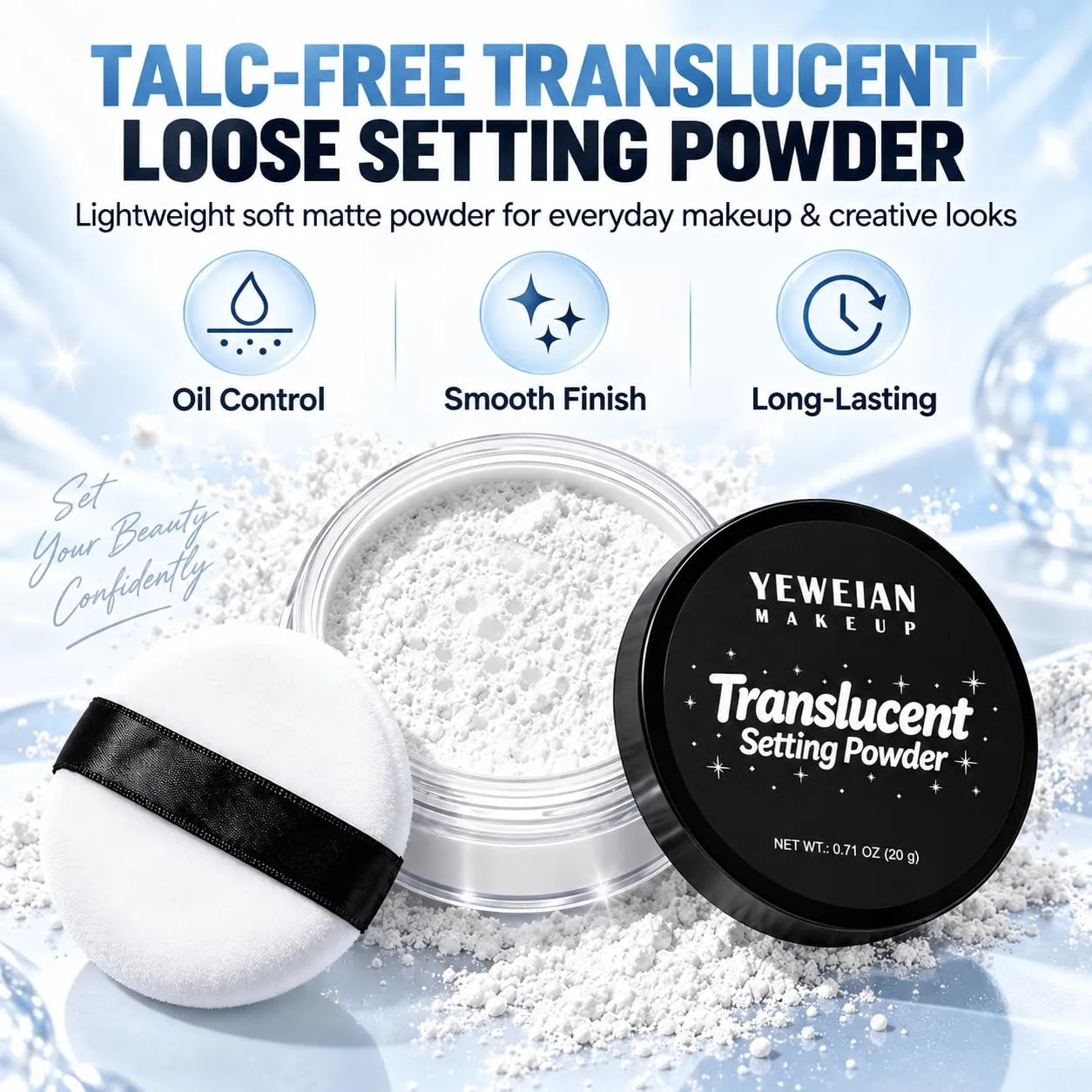 Translucent Loose Setting Powder, Talc-Free Soft Matte Face Powder for Oil Control, Lightweight Long-Lasting White Setting Powder for Everyday Makeup, Halloween SFX Face Paint & Body Paint, 0.71 oz
