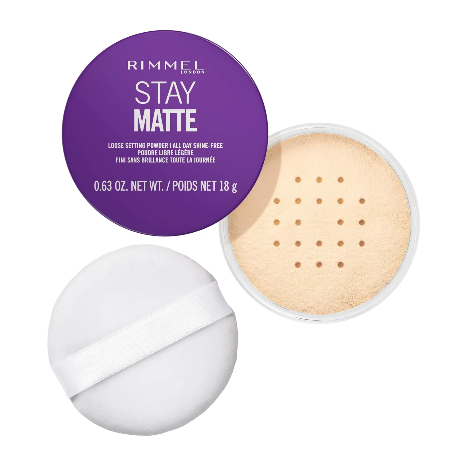 Rimmel Stay Matte Loose Powder, 001 Transparent, Face Loose Powder, Talc-free, Vegan, Lightweight, Soft Focus Effect, Soft Luxurious Applicator Puffâ€‹, 0.63oz