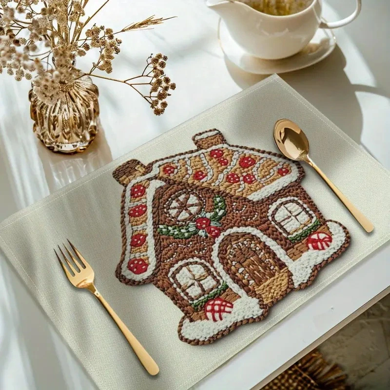 Christmas Gingerbread Man Placemat Polyester Textured Dining Table Holiday Party Home Decor Festive Kitchen Mat