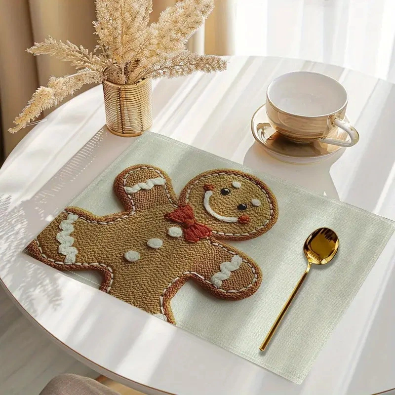 Christmas Gingerbread Man Placemat Polyester Textured Dining Table Holiday Party Home Decor Festive Kitchen Mat