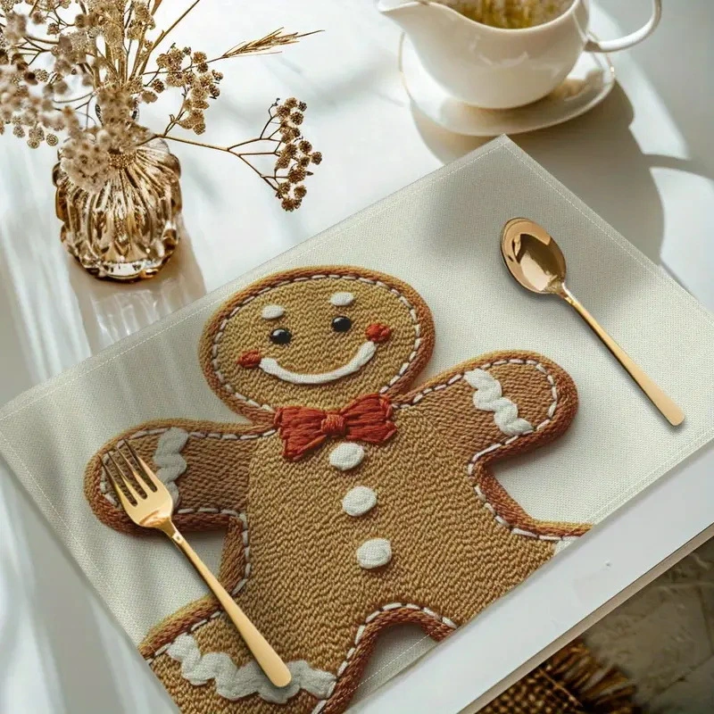 Christmas Gingerbread Man Placemat Polyester Textured Dining Table Holiday Party Home Decor Festive Kitchen Mat