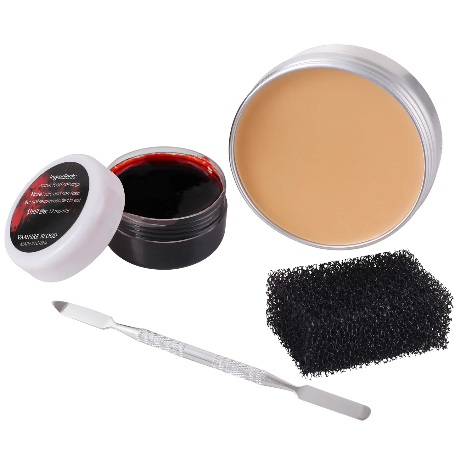 Fake Blood Scar Wax(1.76Oz)SFX Makeup Kit, Fake Wound Modeling Scar Wax for Halloween Stage Monster Zombie Vampire Special Effects Makeup with Coagulated Blood Gel,Spatula,Stipple Sponge
