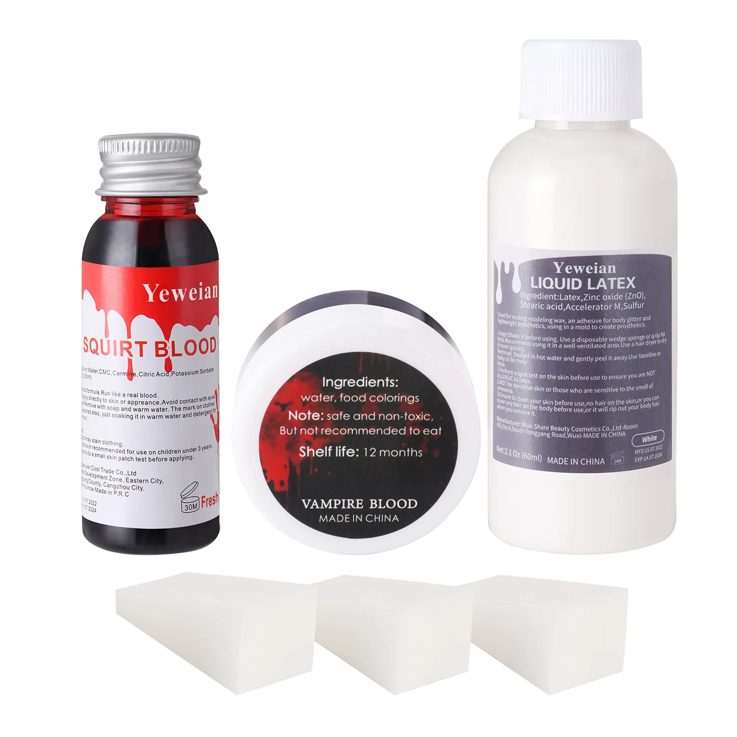 Liquid Latex SFX Makeup Kit, 2.1Oz Latex Liquid with Coagulated Fake Blood Gel, Squirt Blood and Stipple Sponge, Halloween Monster Zombie Clown Makeup for Scald Burn Scar Wound,Cut,Skin Decay