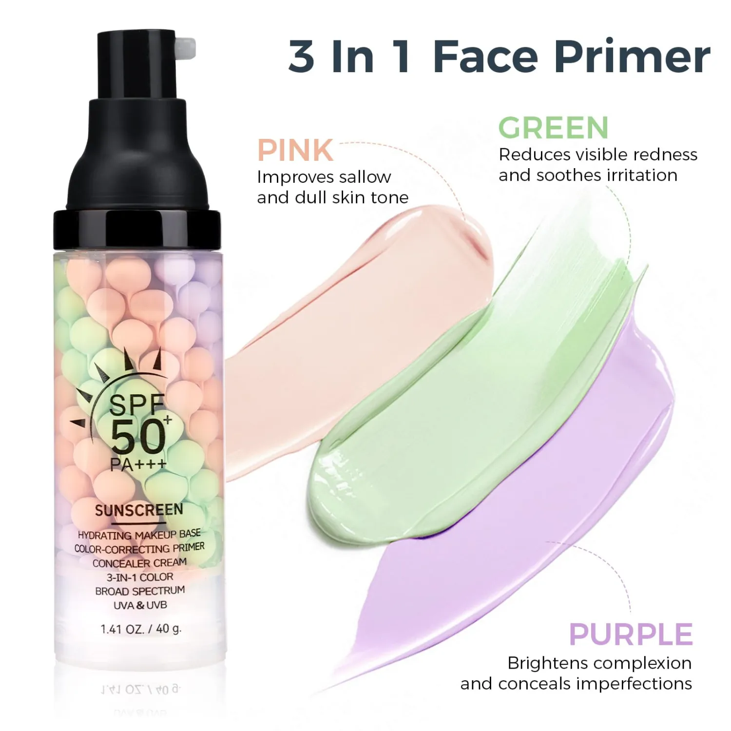 Primer For Face Before Makeup【SPF 50】【Even Skin Tone】【Oil Control】Protector Solar Para La Cara Makeup Primer Color Corrector Face Primer Tinted Sunscreen For Face，PinkGreenPurple X1
