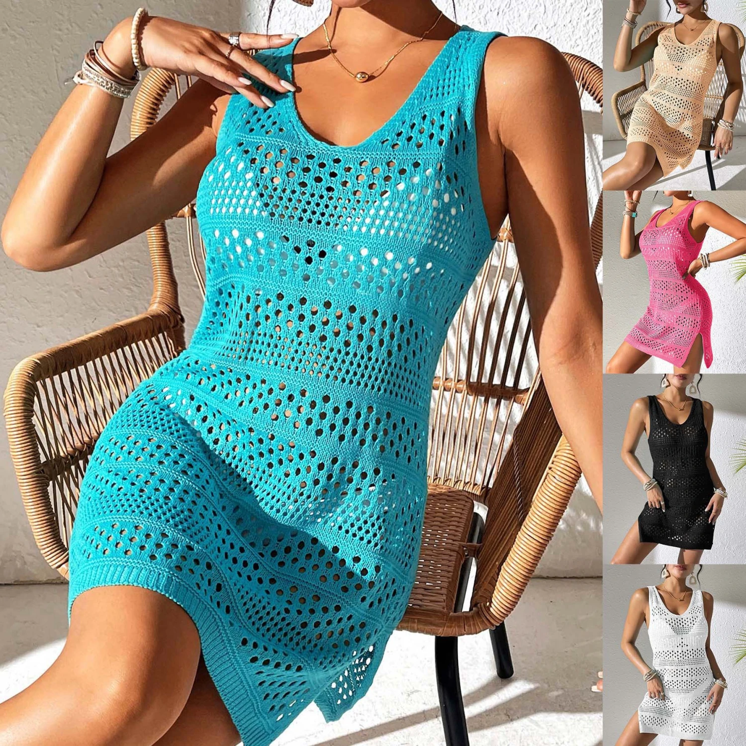 Solid Color Loose Fit Hollow-out Blouse Dress Women