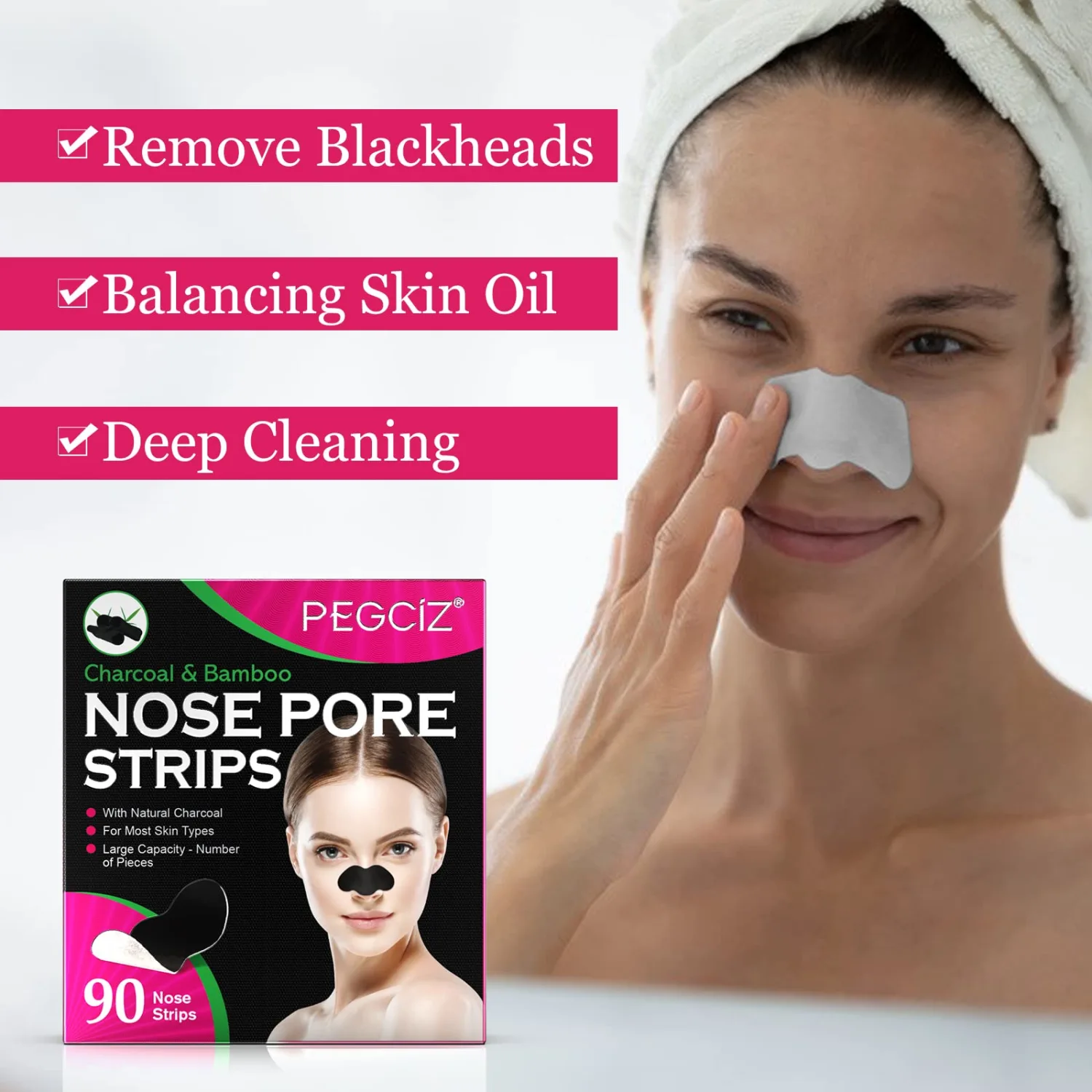 Charcoal Nose Strips for Blackheads, 90 Pcs Bamboo Deep Cleansing Pore Strips