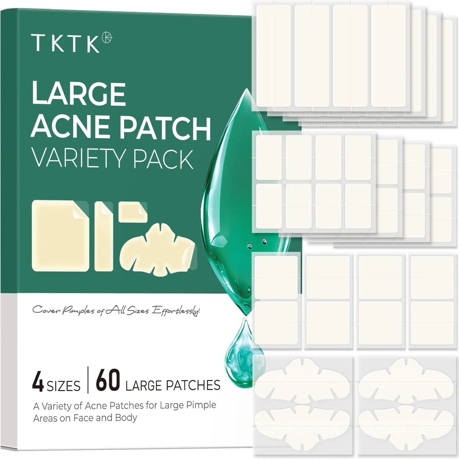 TKTK Large Hydrocolloid Pimple Patches for Acne Breakouts, 4 Big Sizes