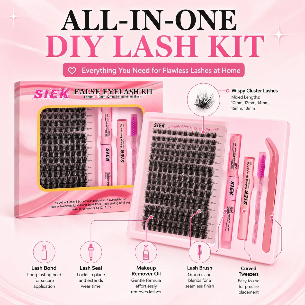 Cluster Lashes Kit 10-18mm, DIY Lash Extension Kit with Bond & Seal