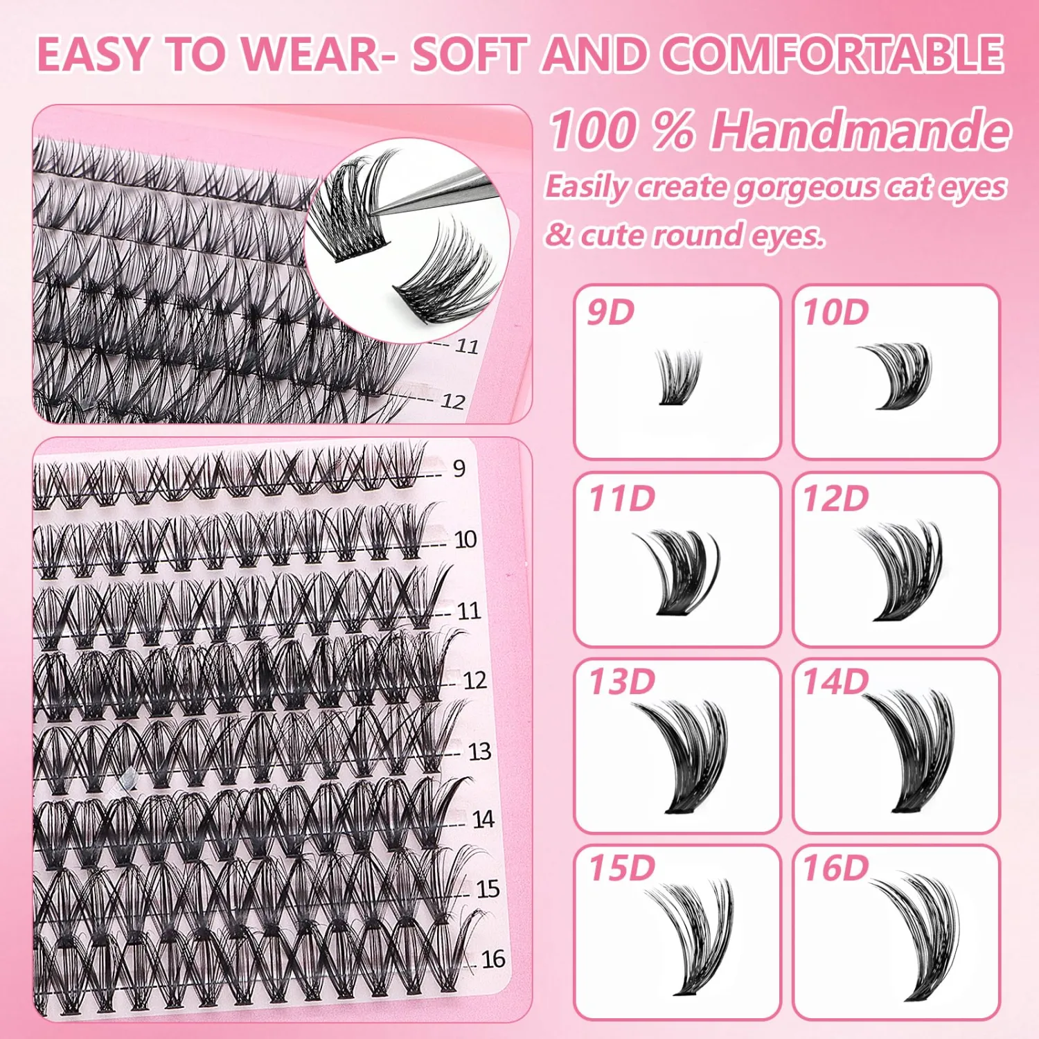 640-Piece Lash Clusters Kit, 9-16mm, 30D 40D 50D, Bond & Seal