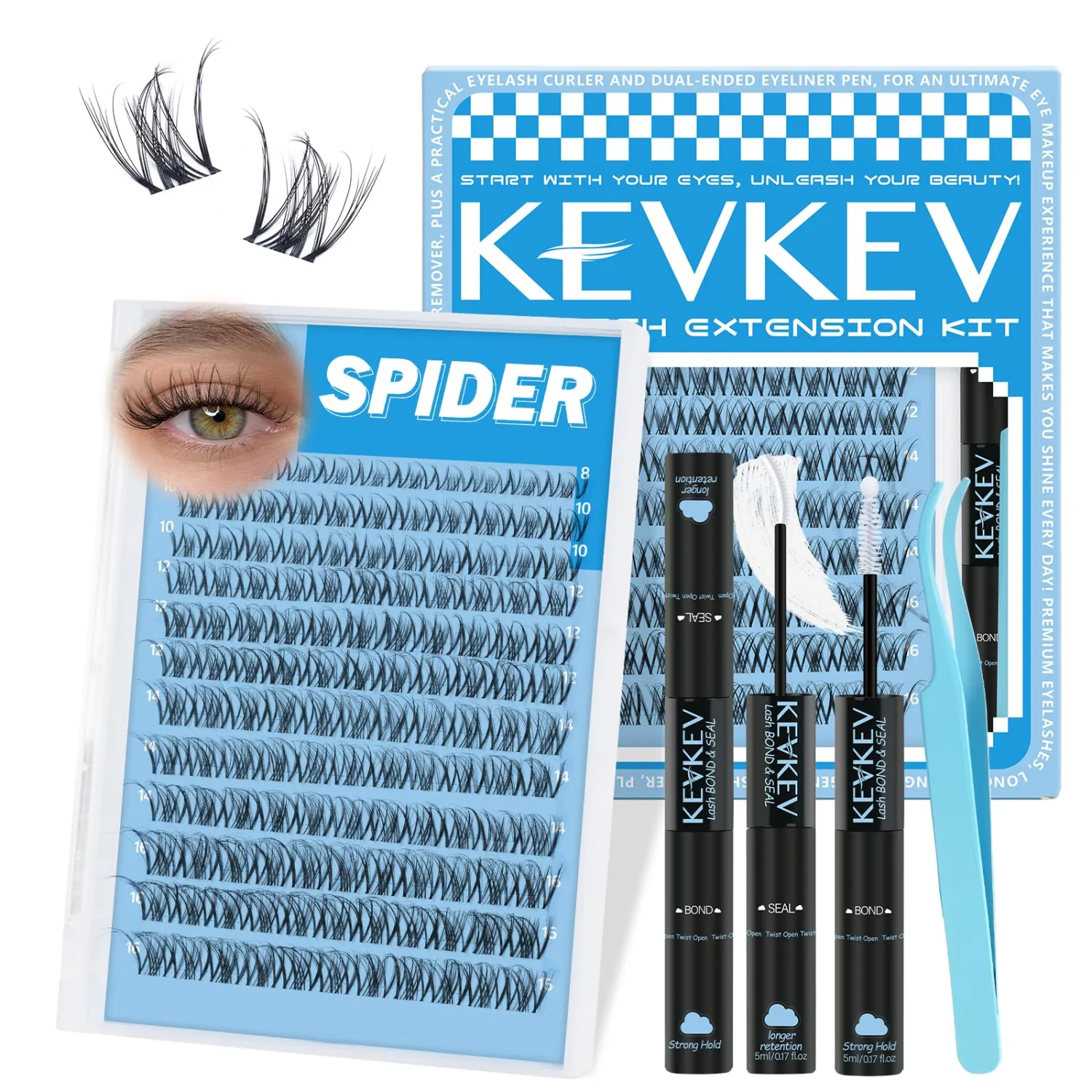 Spider Lash Clusters Kit Breeze D Curly Eyelash Clusters Natural Wispy Lash Extension Kit 8-16MM Fluffy Spider Cluster Eyelash Extensions Clear Thin Band with Lash Bond and Seal DIY Lash at Home