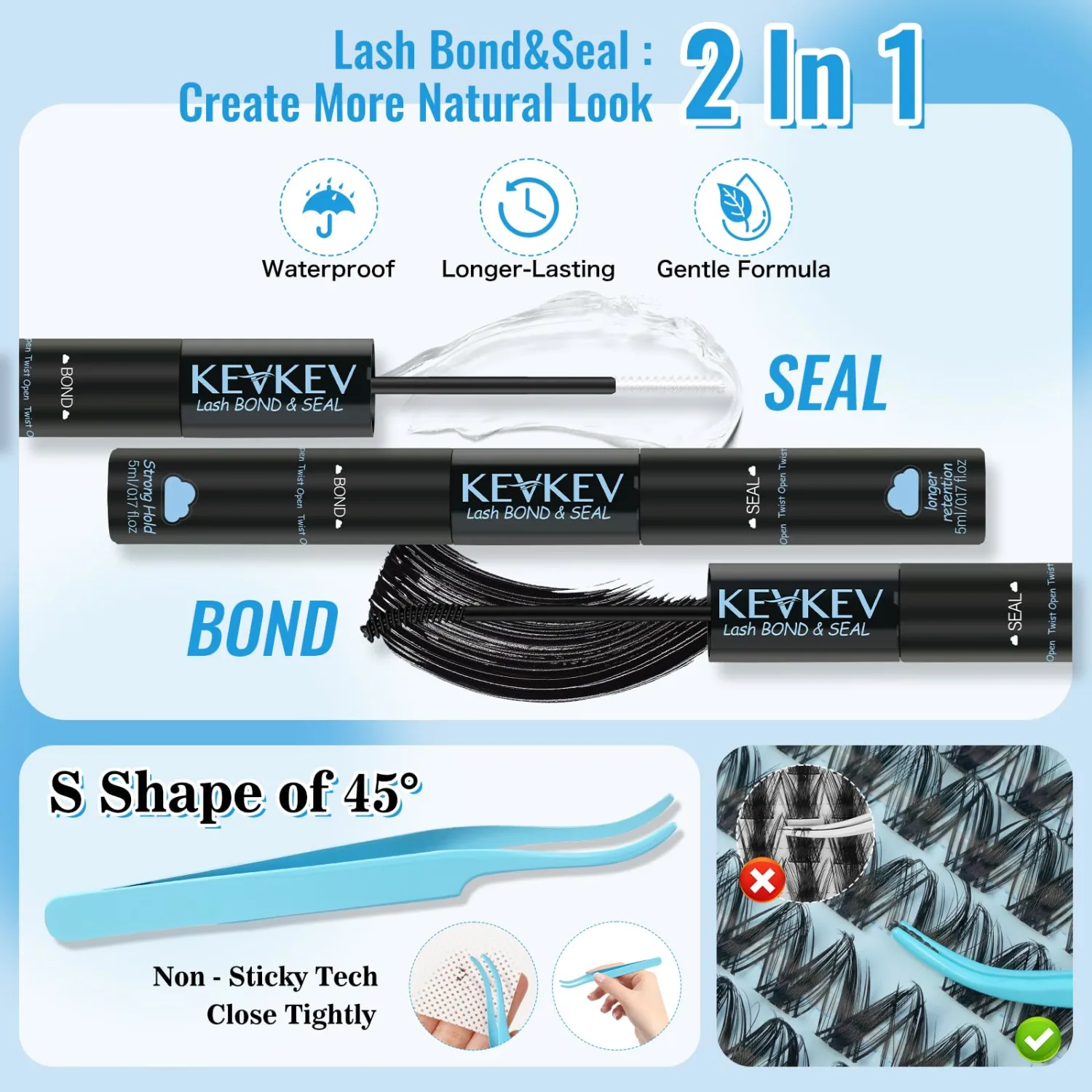 KEVKEV Lash Clusters Kit 144pcs Manga Lashes Clusters 8-18mm Lash Extension Kit Thin Band Eyelash Extension Kit Lash Clusters with Lash Bond and Seal Eyelash Clusters Kit DIY Lash At Home(Kit-K02)