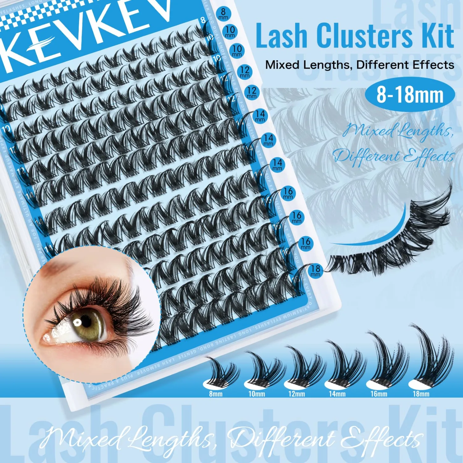 KEVKEV Lash Clusters Kit 144pcs Manga Lashes Clusters 8-18mm Lash Extension Kit Thin Band Eyelash Extension Kit Lash Clusters with Lash Bond and Seal Eyelash Clusters Kit DIY Lash At Home(Kit-K02)