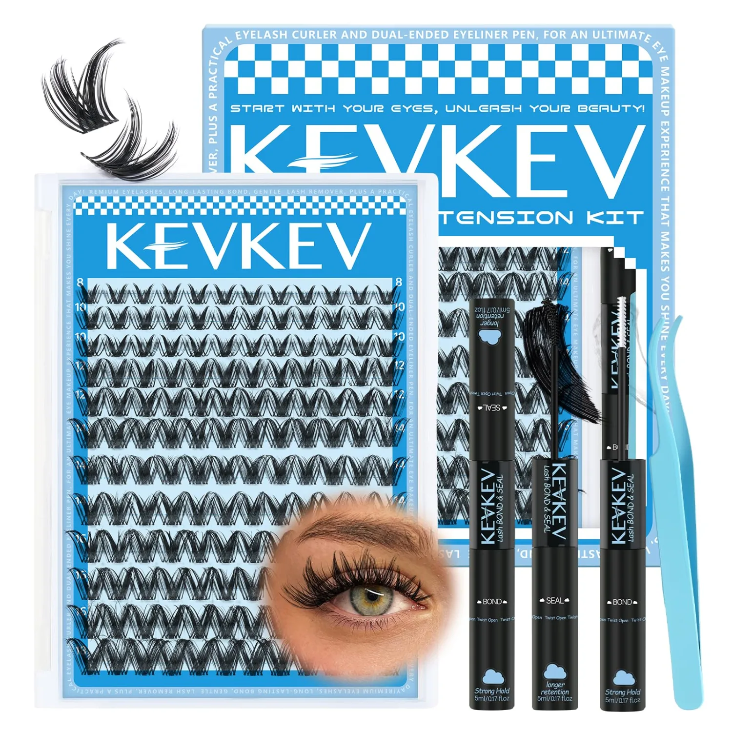 KEVKEV Lash Clusters Kit 144pcs Manga Lashes Clusters 8-18mm Lash Extension Kit Thin Band Eyelash Extension Kit Lash Clusters with Lash Bond and Seal Eyelash Clusters Kit DIY Lash At Home(Kit-K02)