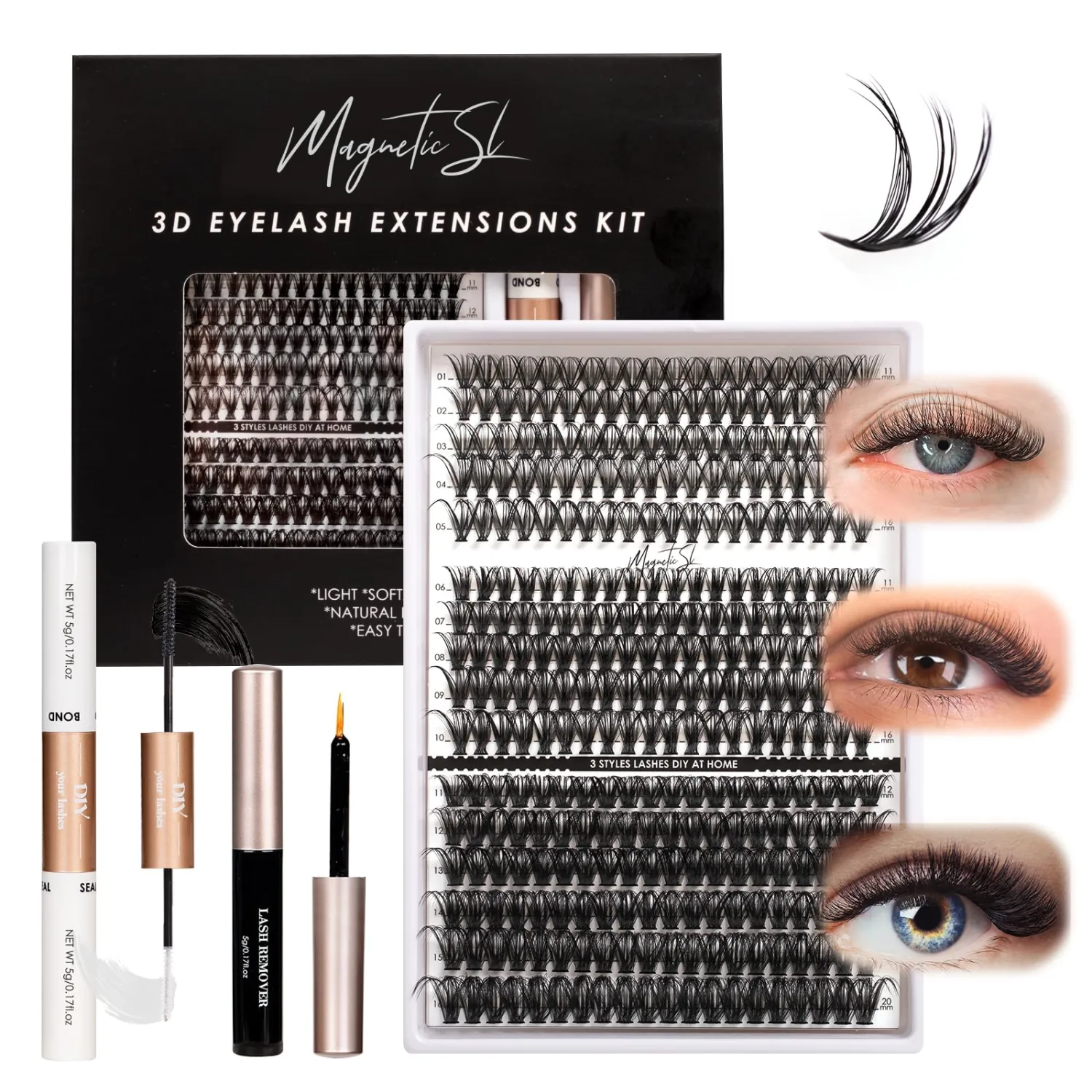 DIY Lash Extensions Kit 320pcs Individual Lashes Clusters 30D 40D 60D Eyelash Extension Kit with Applicator and Lash Bond&Seal, Lash Remover For False Eyelash Mix 11-20mm (30D+40D+60D KIT)