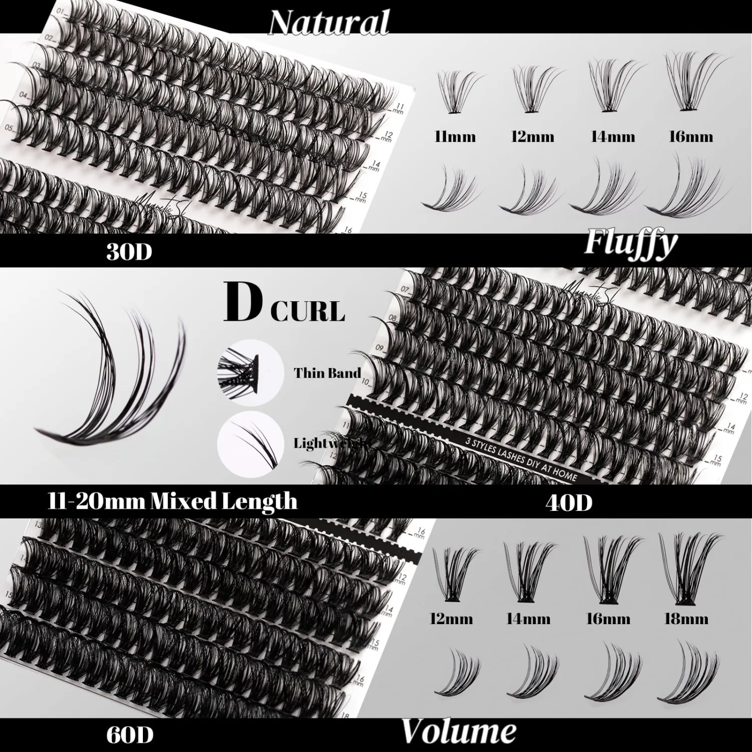DIY Lash Extensions Kit 320pcs Individual Lashes Clusters 30D 40D 60D Eyelash Extension Kit with Applicator and Lash Bond&Seal, Lash Remover For False Eyelash Mix 11-20mm (30D+40D+60D KIT)