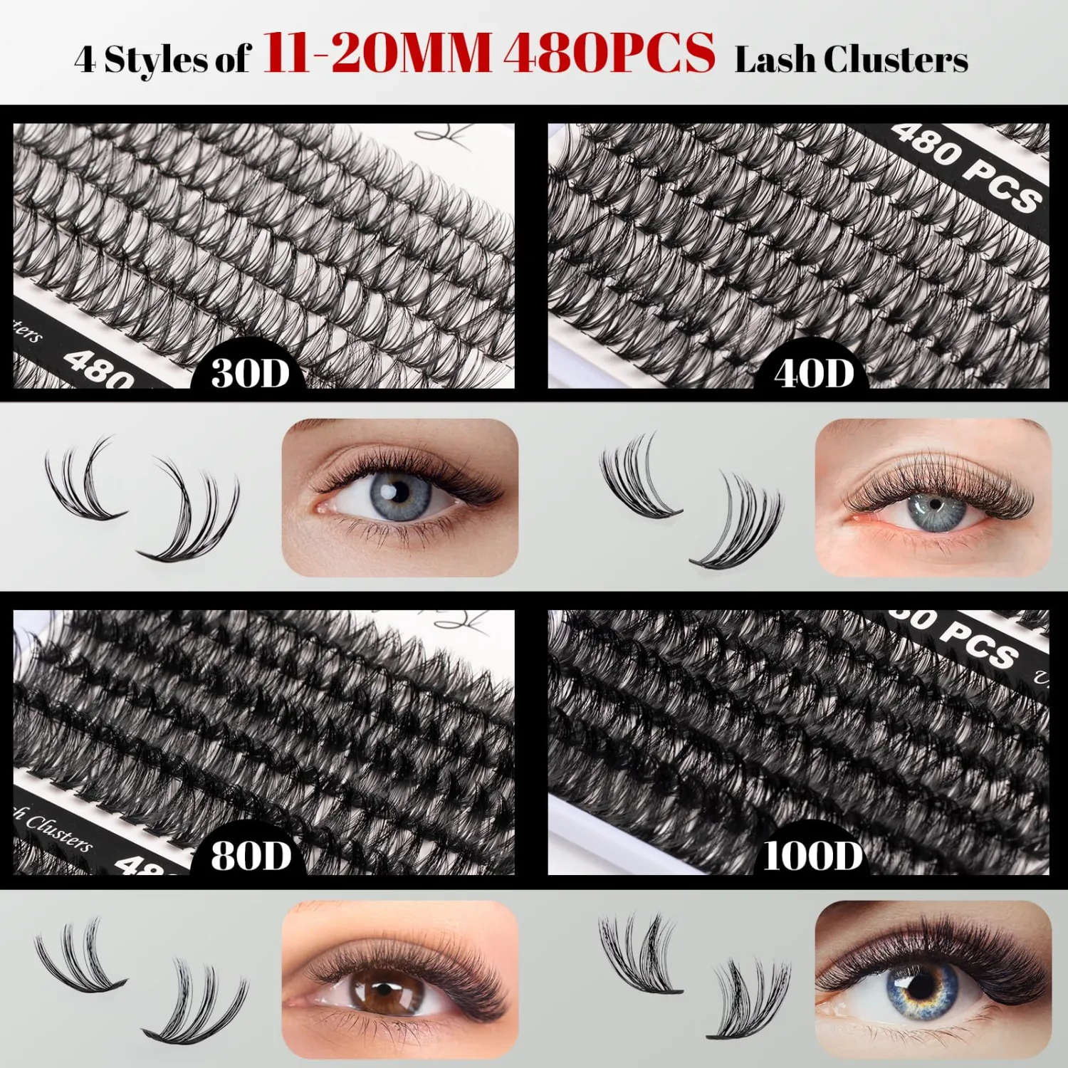 Lash Clusters 480 Clusters 60D 80D Thick Eyelash Extension 30D 40D Individual Eyelashes 11-20mm False Eyelash Multi-Style DIY Lash Extensions for Beginners(30D-80D-D, 11-20MIX)