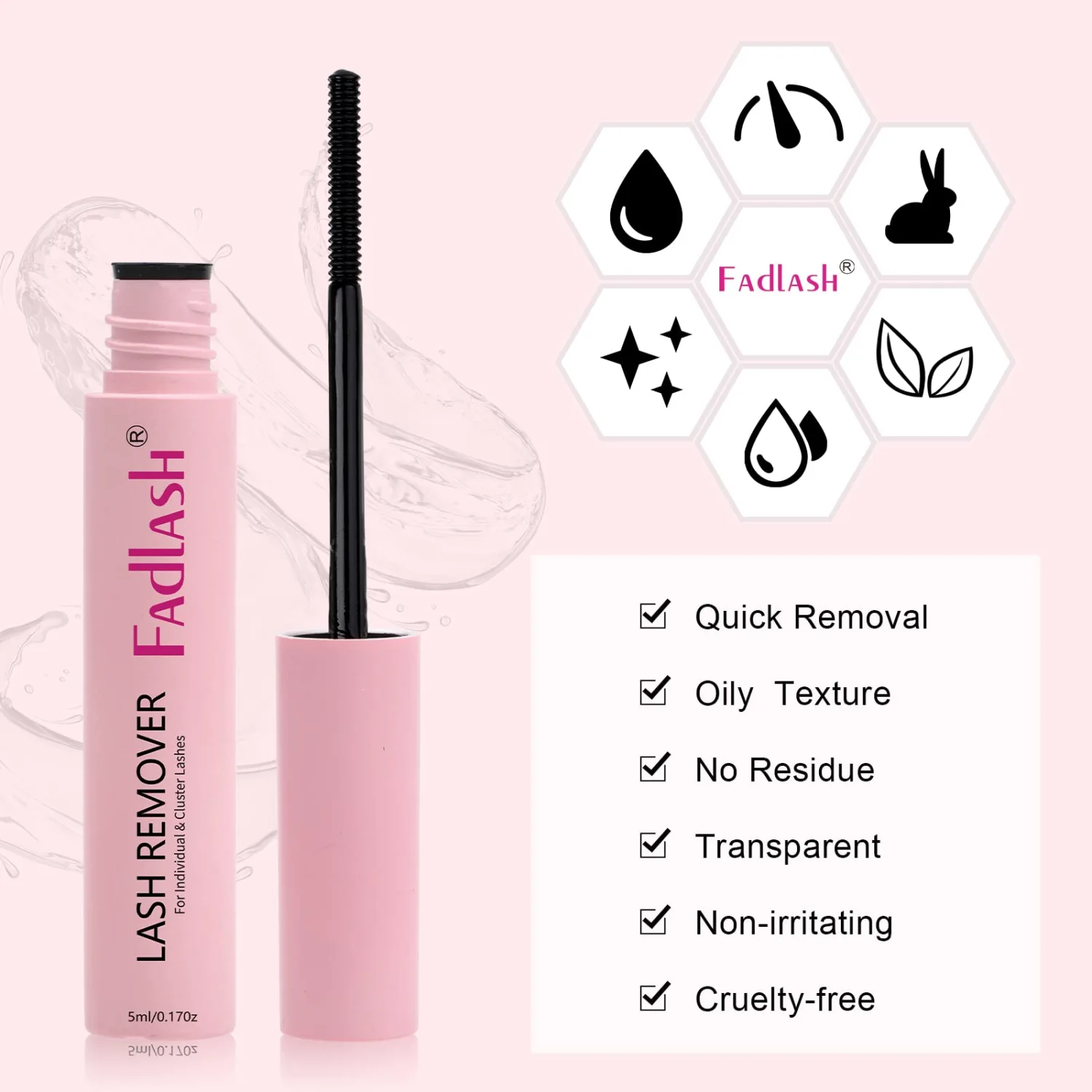 FADLASH Lash Glue Remover 5 ML for Cluster Lashes Soothing Oil Lash Remover Mascara Wand Eyelash Glue Remover Self Use at Home