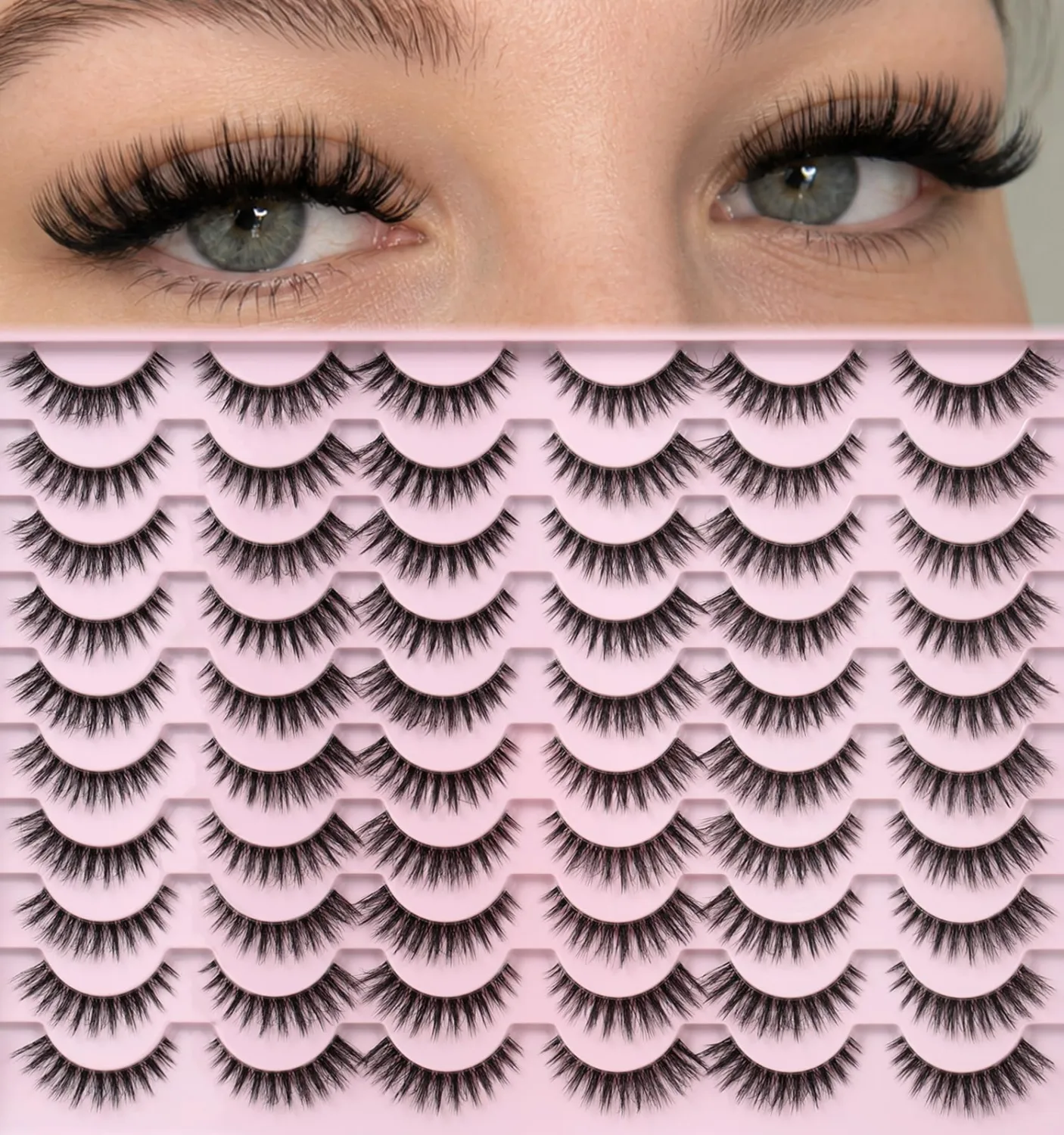 APCYUST Wispy Lashes Natural False Eyelashes Cat Eye Lash Strips Clear Band Strip Eyelash Short Fluffy Lash Pack Soft Everyday Look Lightweight Fake Full Pestañas Postizas for Beginners Daily Makeup