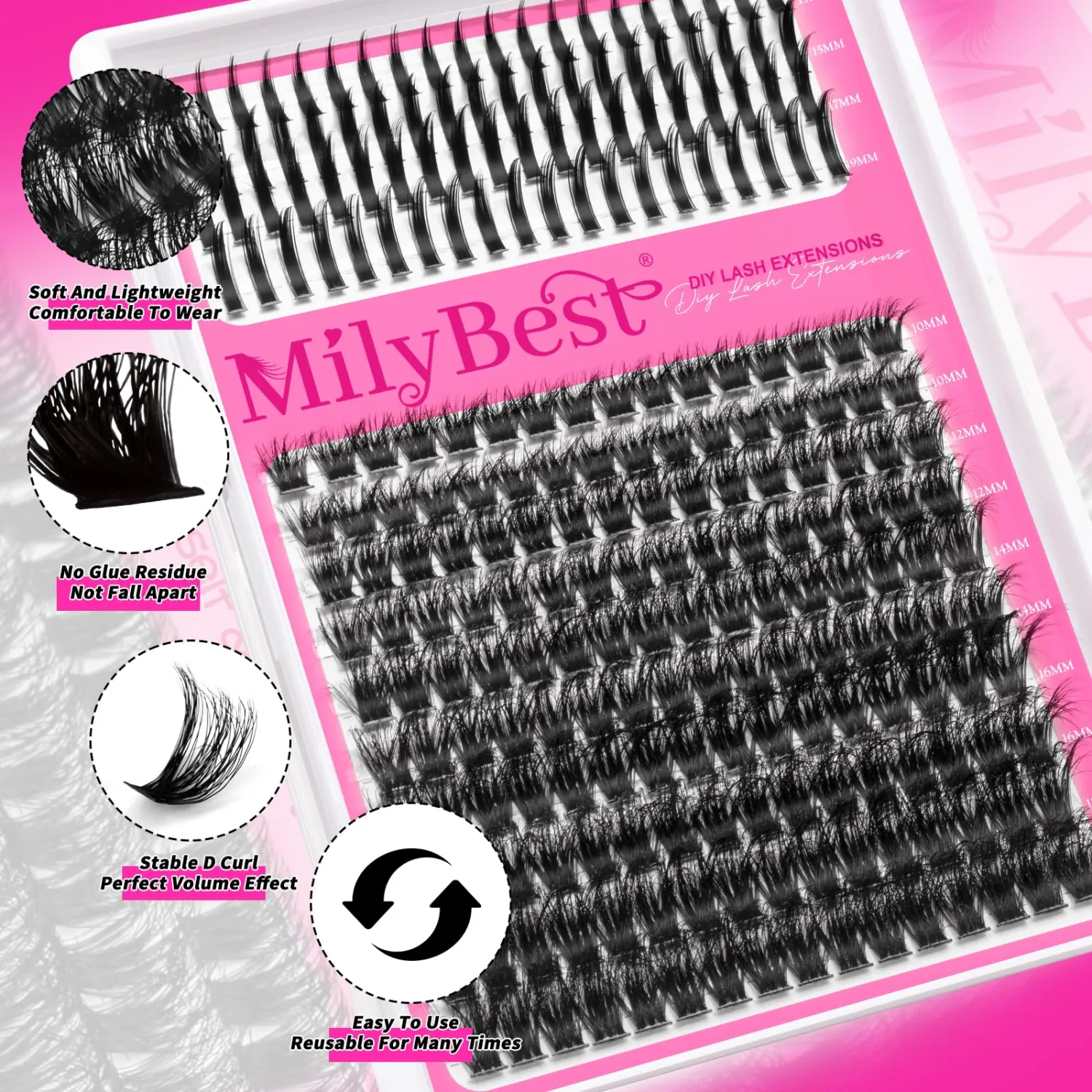 MilyBest Lash Clusters 100D with Spikes, 13-19mm Manga D Curl, Lashes Only