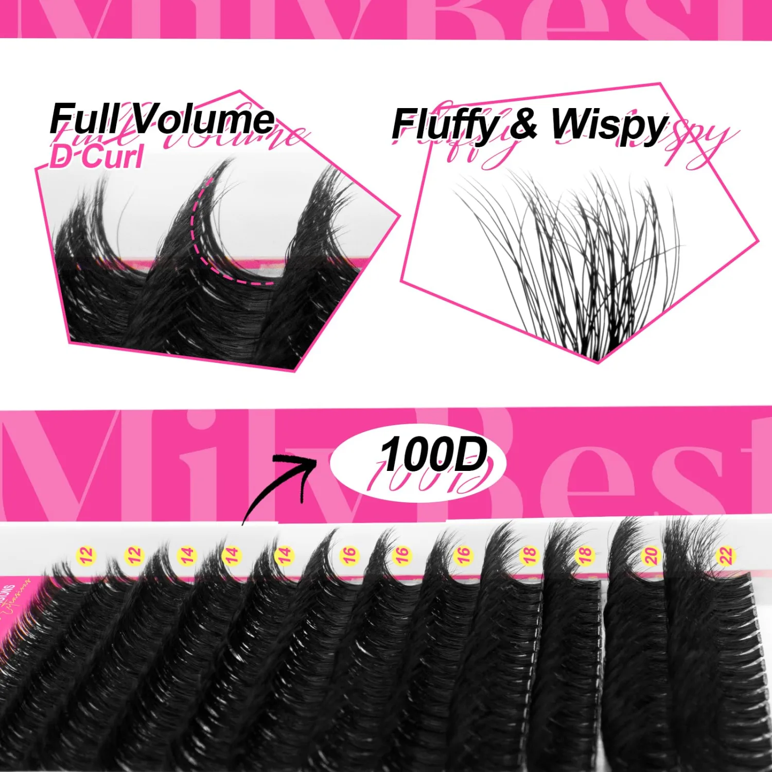 MilyBest Fluffy Longer-100D Volume Lash Clusters Kit, 12-22mm D Curl