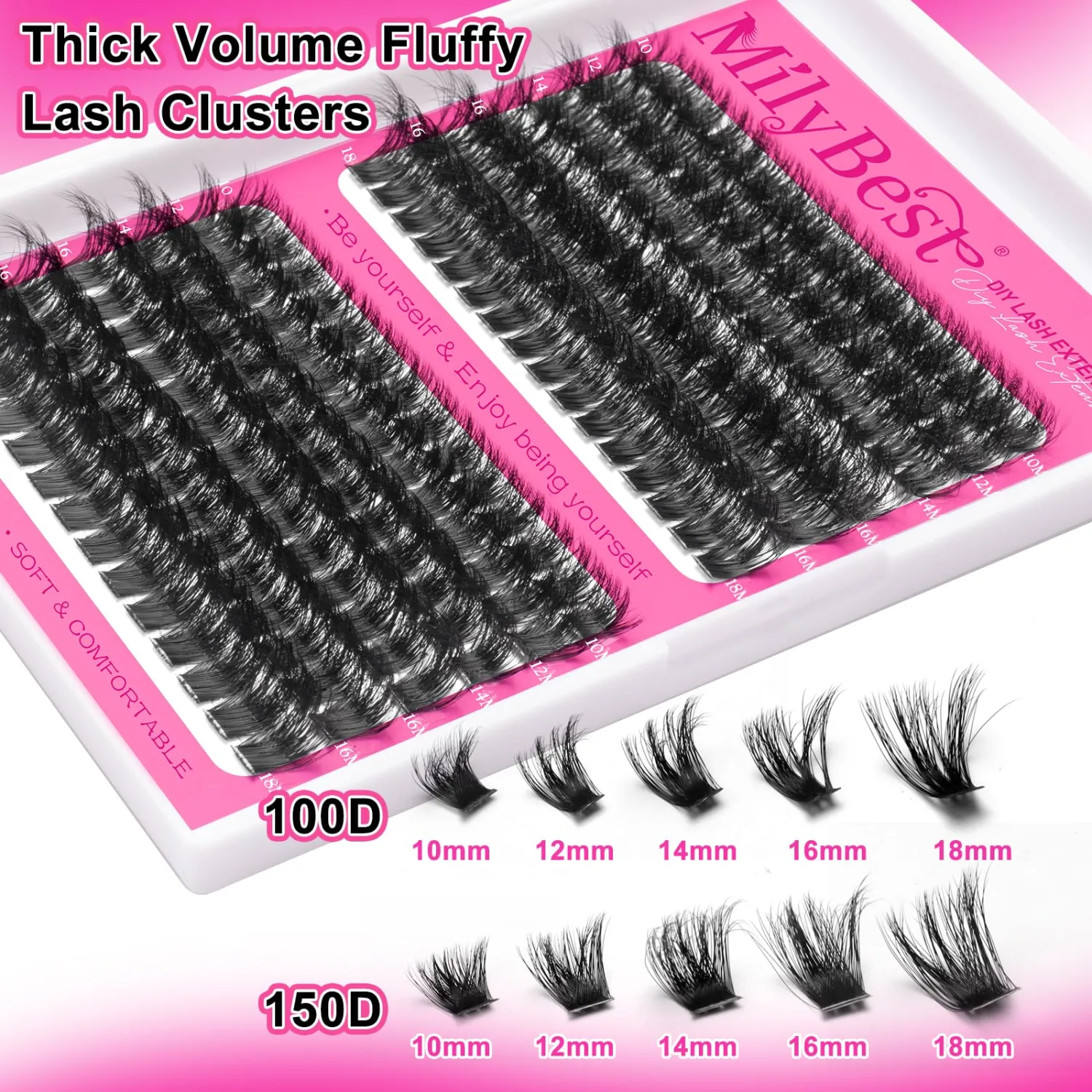 MilyBest 100D 150D Fluffy Lash Clusters, 10-18mm D Curl, Lashes Only