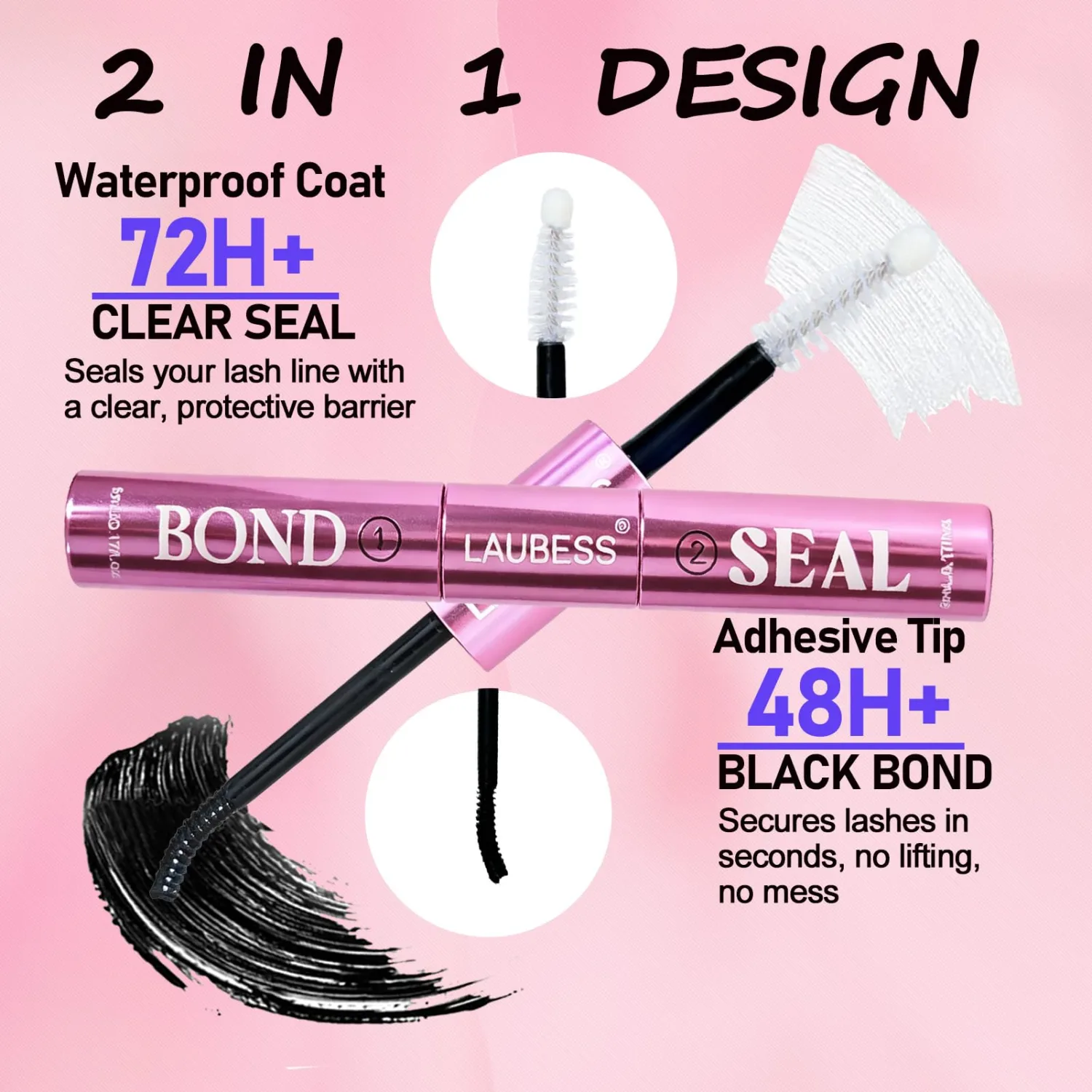Lash Glue for Eyelash Clusters LAUBESS Waterproof 2-IN-1 Lash Bond and Seal Eyelash Glue Long Lasting 72H DIY Lash Extension Glue Home Use Non-Irritating (Black 5ml+5ml)