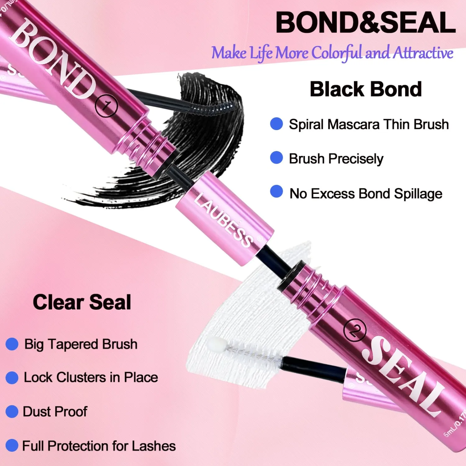 Lash Glue for Eyelash Clusters LAUBESS Waterproof 2-IN-1 Lash Bond and Seal Eyelash Glue Long Lasting 72H DIY Lash Extension Glue Home Use Non-Irritating (Black 5ml+5ml)