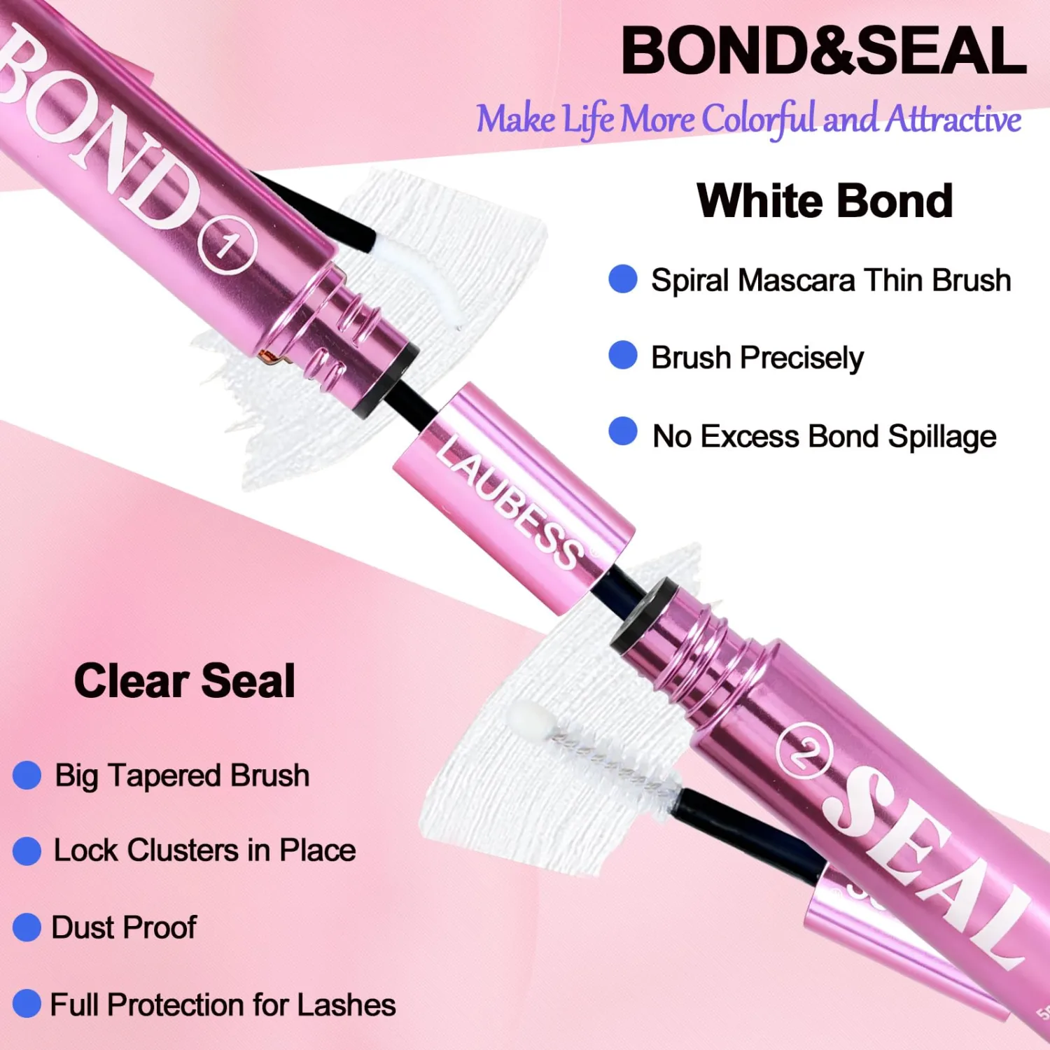 Lash Glue LAUBESS Waterproof 2-IN-1 Lash Bond and Seal Eyelash Glue Long Lasting 72H DIY Lash Extension Glue Home Use Latex-Free (Clear 5ml+5ml)