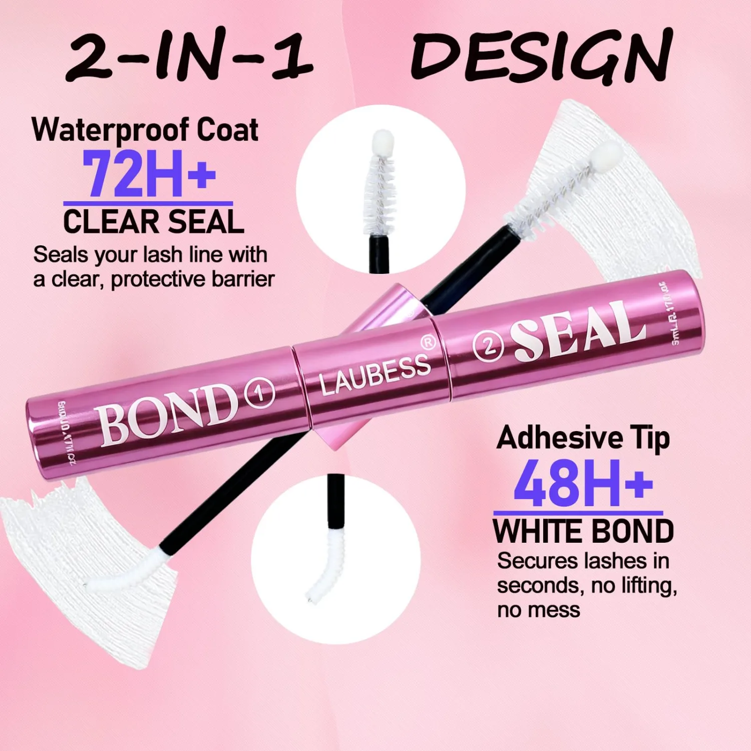 Lash Glue LAUBESS Waterproof 2-IN-1 Lash Bond and Seal Eyelash Glue Long Lasting 72H DIY Lash Extension Glue Home Use Latex-Free (Clear 5ml+5ml)