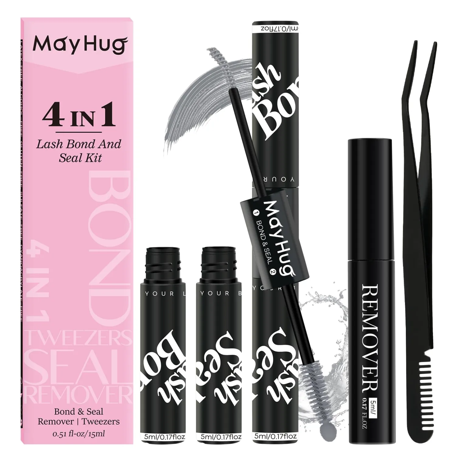 Mayhug Gray Lash Cluster Glue Kit, Bond & Seal, Remover and Tweezers