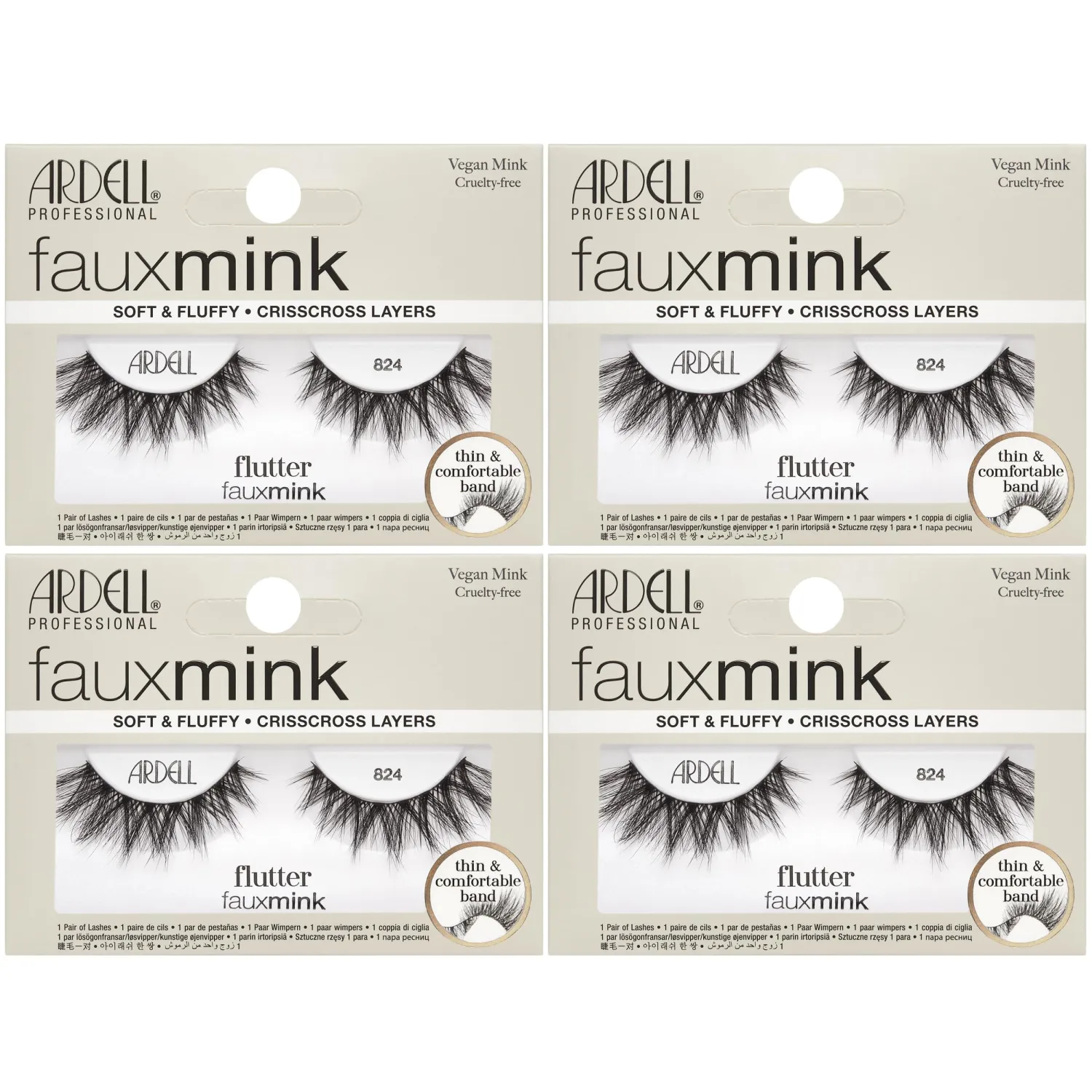 Ardell Faux Mink Lashes Wispies 824 – Fluttery Cat Eye Strip Eyelashes, Vegan Mink, Cruelty-Free, Wispy Lashes Falsies for Seamless Wear, 4 Pack