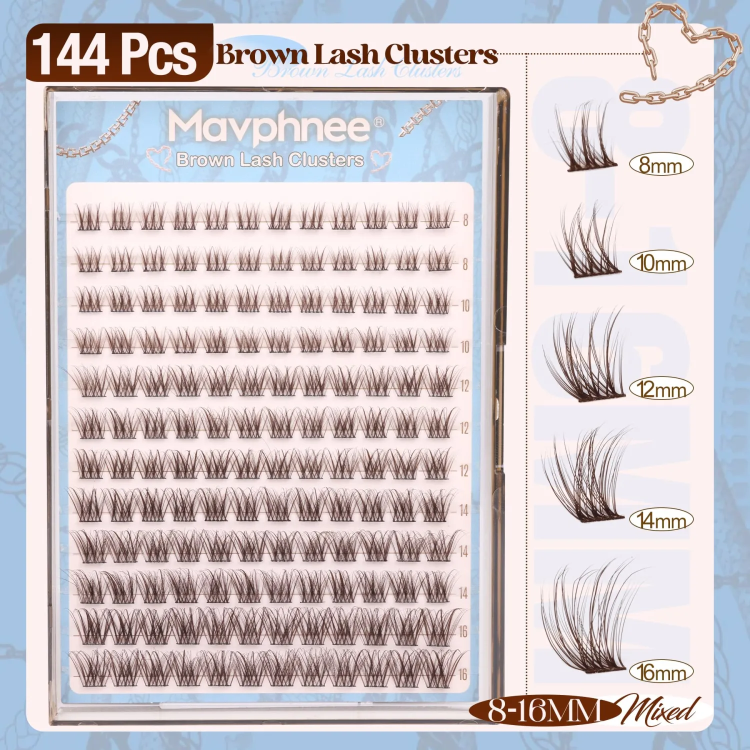 Mavphnee Brown Lash Clusters Dark Brown Eyelash Extensions Natural Cluster Lashes CC-Curly Pestañas Postizas Wispy Individual Lash Extensions 3D Lash 8-16MM Brown Eyelash Clusters 144PCS DIY at Home