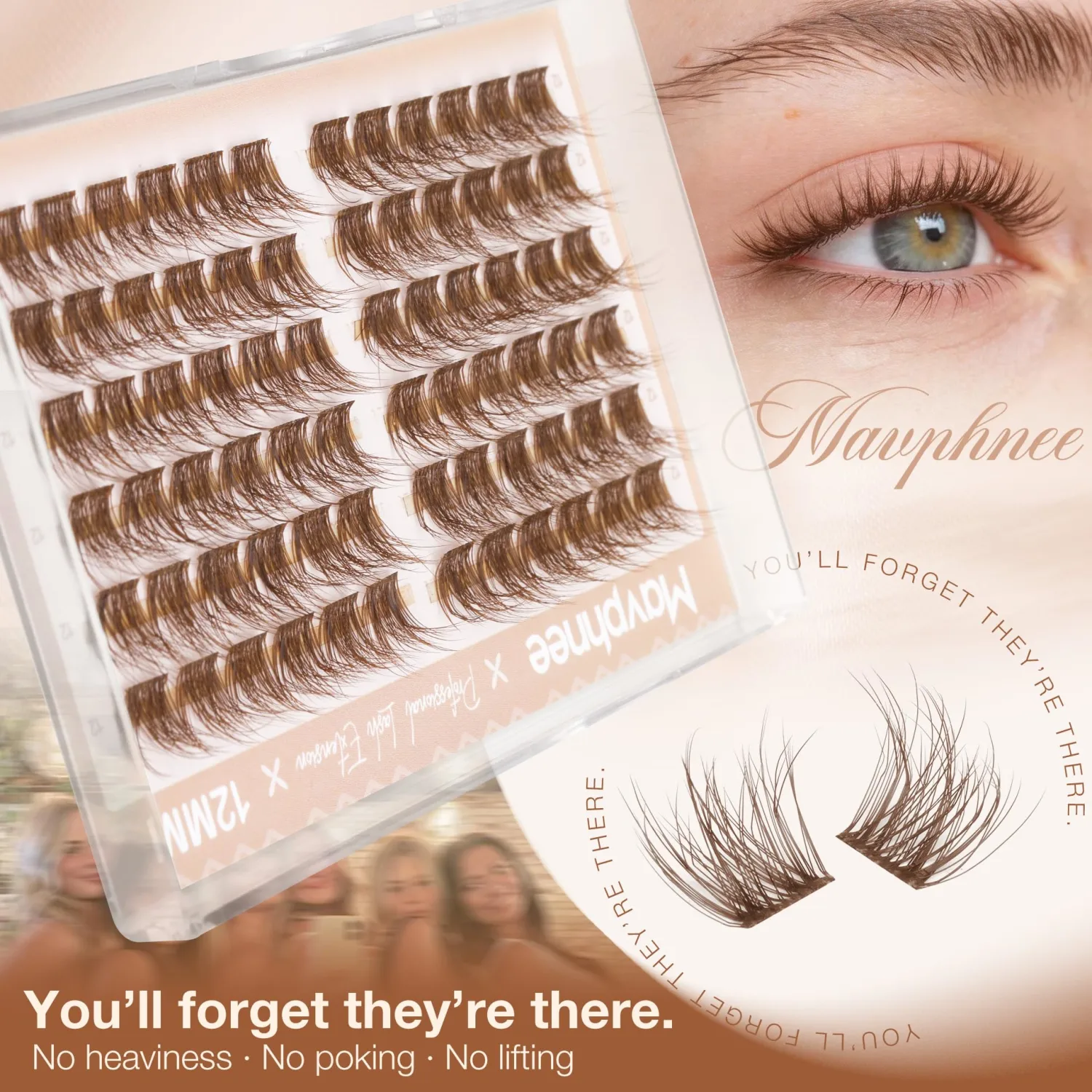 12MM Lash Clusters Brown Eyelash Clusters Natural Fluffy Wispy Cluster Eyelash Extensions with Clear Band & C Curl - For Noticeable But Not Dramatic Look, Soft Glam Sweet Spot