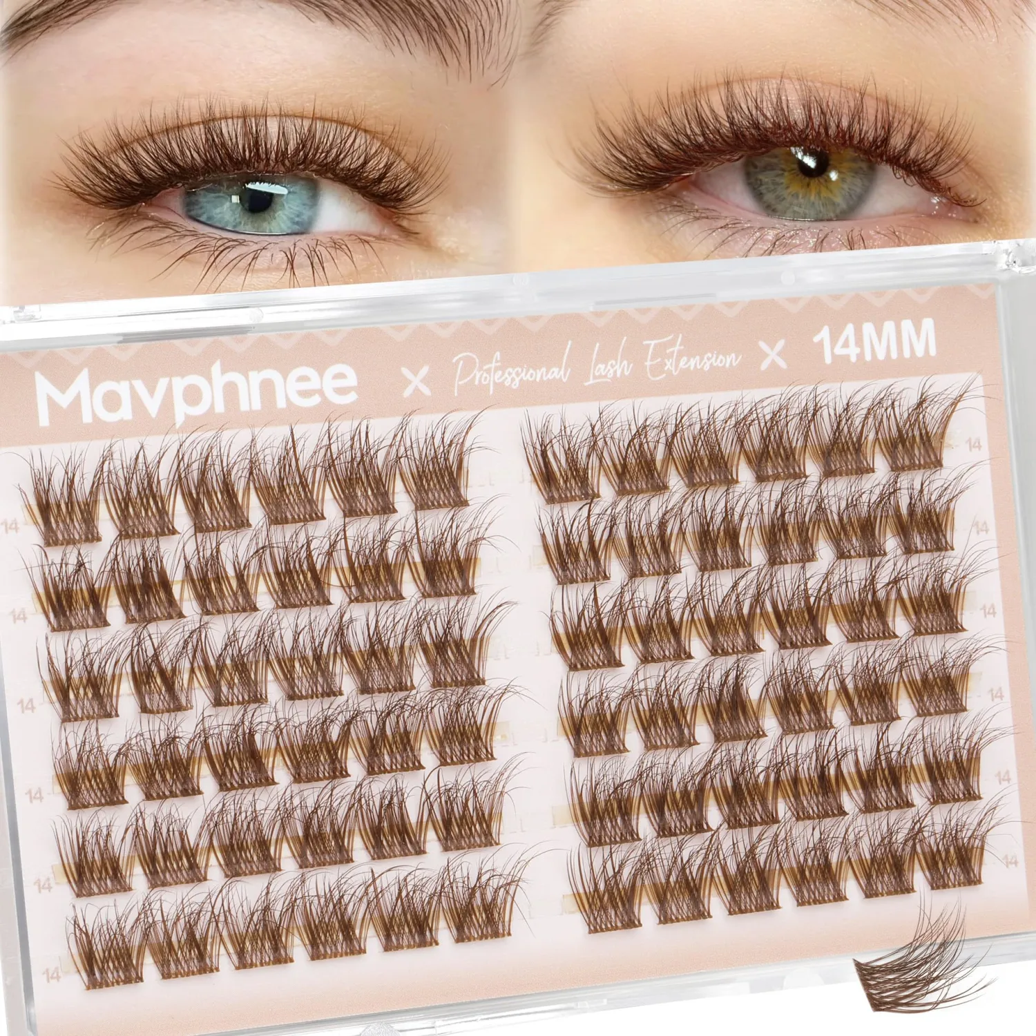 14MM Lash Clusters Brown Cluster Eyelash Extensions Natural Fluffy Individual Lashes C Curl Clear Band Cluster Lashes Reusable Wispy Dark Brown Lash Extensions For Full Glam