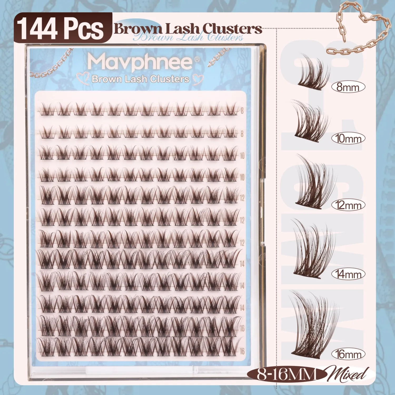 Brown Cluster Lashes Fairy Eyelash Clusters Natural Lash Extensions Wispy 3D Cluster Eyelash Extensions DIY Lash Extensions Soft Dark Brown Individual Eyelashes CC-Curly 8-16MM 144PCS