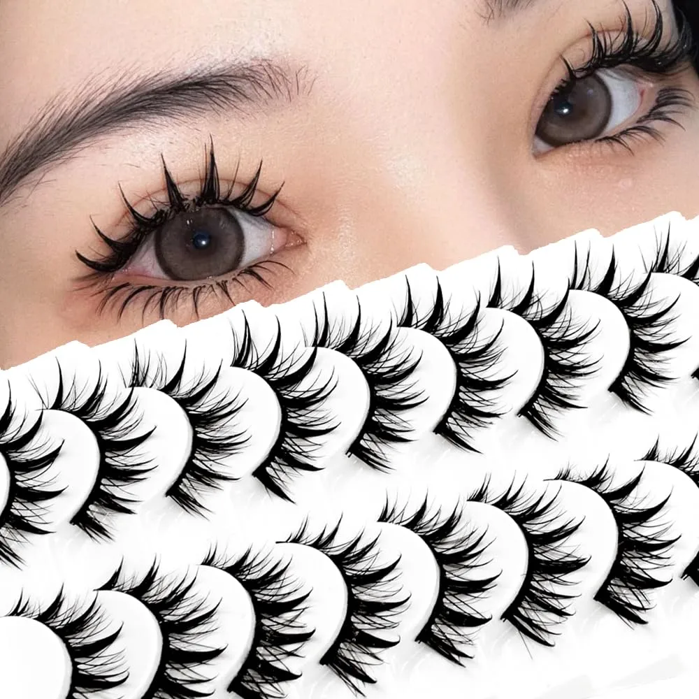 Lashes Anime Eyelashes Wet Look Cat Eye Lashes Spiky Cosplay Eyelash Darkess Makeup Lashes C Curl Faux Mink False Eyelashes with Cotton Band 10 Pairs Pack (A1)