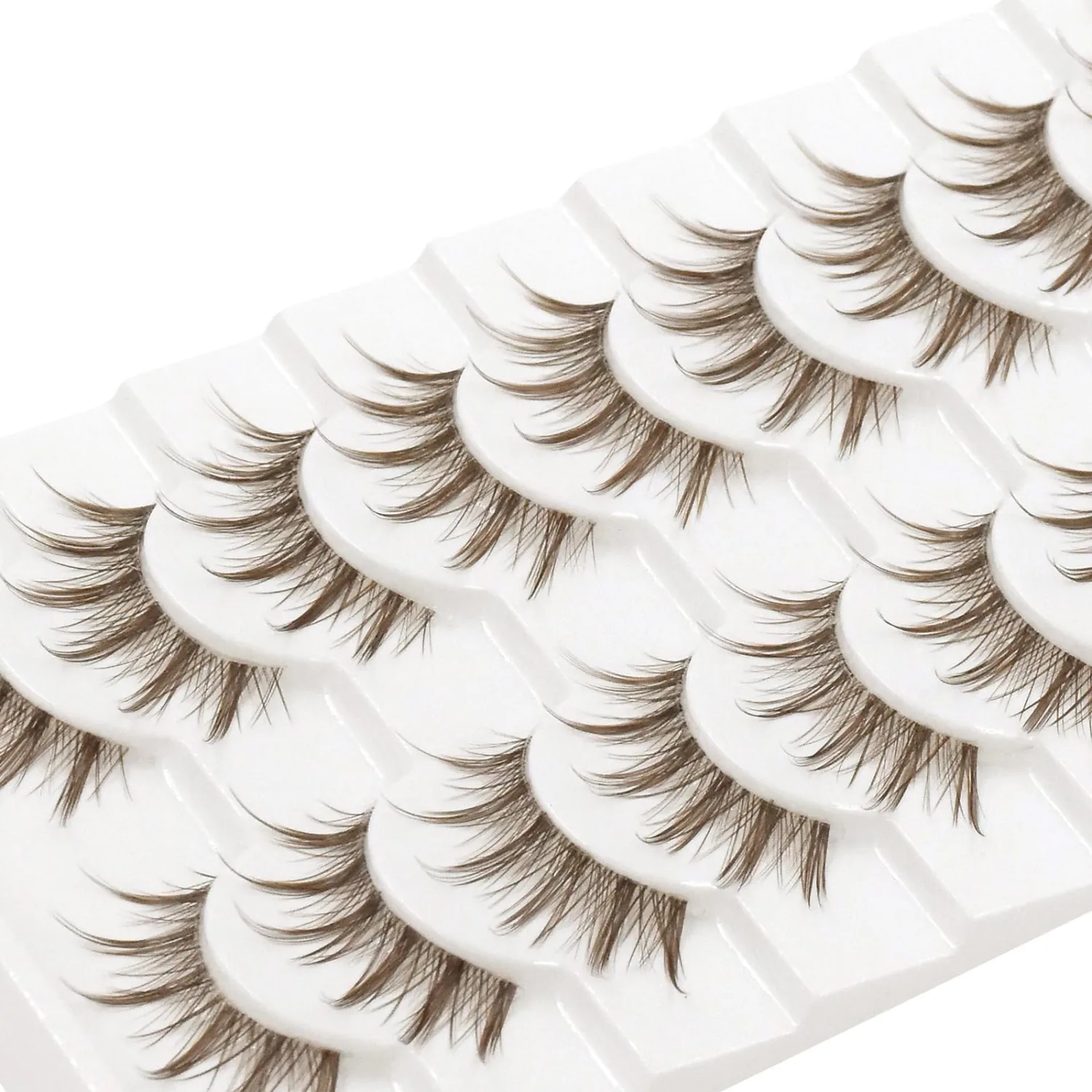 Brown Eyelashes Natural Look Wispy 14mm 3D Spiky Fluffy Style Lashes With C Curl Thin Clear Band Strip False Eyelashes 10Pairs (LK03)